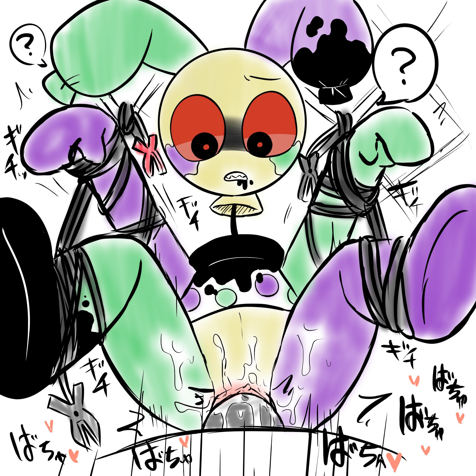 :3, anonymous male, balloon, balloons, bound arms, bound legs, calm, colorful, confused, cum, cum inside, cuntboy, dandy's world, deep penetration, dildo, enjoying sex, intersex, japanese text, jumper cable, jumper cables, looey (dandy's world), looking down, male, penetration, sharp teeth, tied up, toonophilia, twisted looey (dandy's world), wet, white background