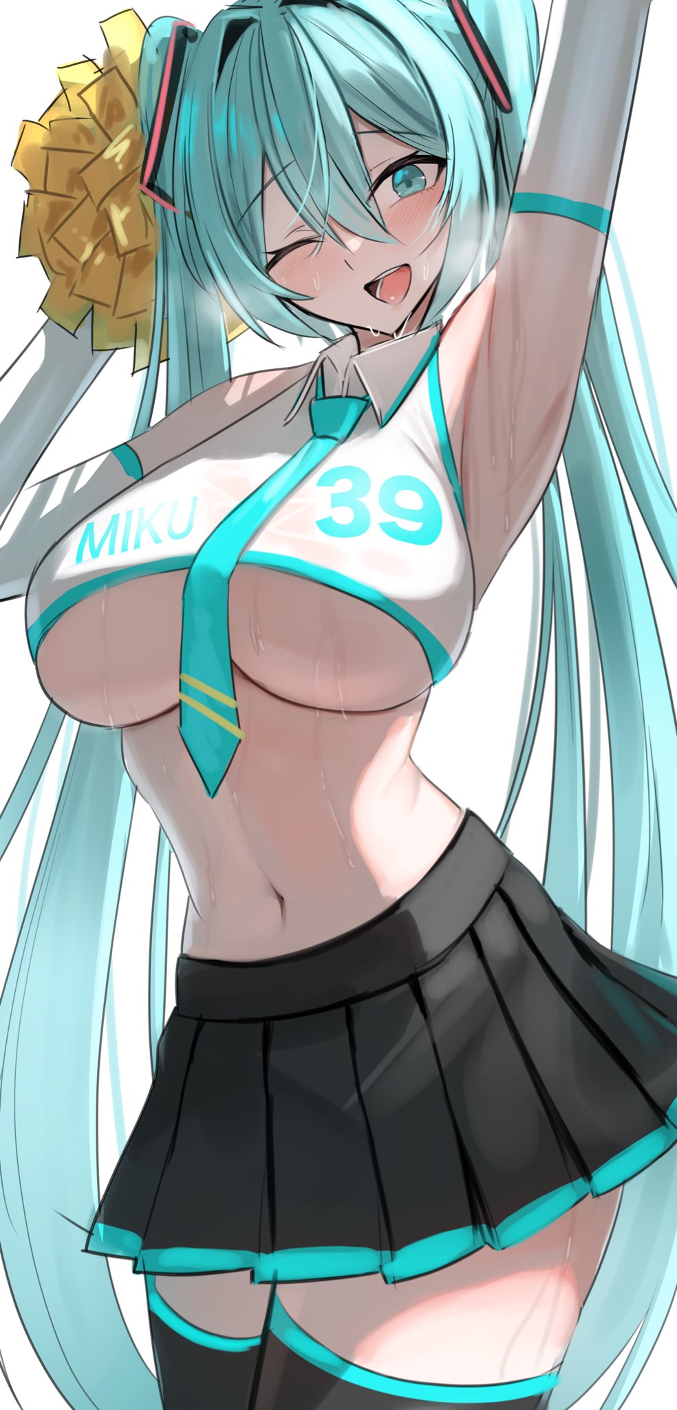 ;d, 1girl, 39, alternate breast size, alternate costume, aqua eyes, aqua hair, aqua necktie, arm up, armpits, arms up, bangs, bare shoulders, black skirt, black thighhighs, blush, breasts, character name, cheerleader, clothes writing, collared shirt, commentary, cowboy shot, crop top, detached sleeves, elbow gloves, female, gloves, hair between eyes, hana hebi, hatsune miku, highres, holding, holding pom poms, large breasts, long hair, looking at viewer, midriff, miniskirt, navel, necktie, one eye closed, open mouth, pleated skirt, pom pom (cheerleading), shadow, shirt, simple background, skirt, sleeveless, sleeveless shirt, smile, solo, stomach, sweat, thighhighs, twintails, underboob, very long hair, vocaloid, white background, white gloves, white shirt, zettai ryouiki