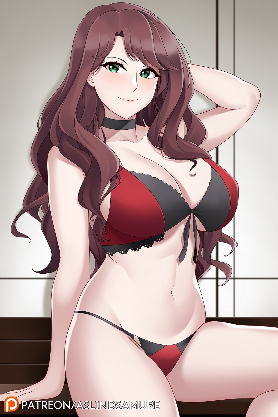 1girls, aslindsamure, bare legs, breasts, brown hair, choker, cleavage, clothed female, dorothea arnault, female, female only, fire emblem, fire emblem: three houses, green eyes, large breasts, lingerie, long hair, midriff, nintendo, solo, thong, wavy hair