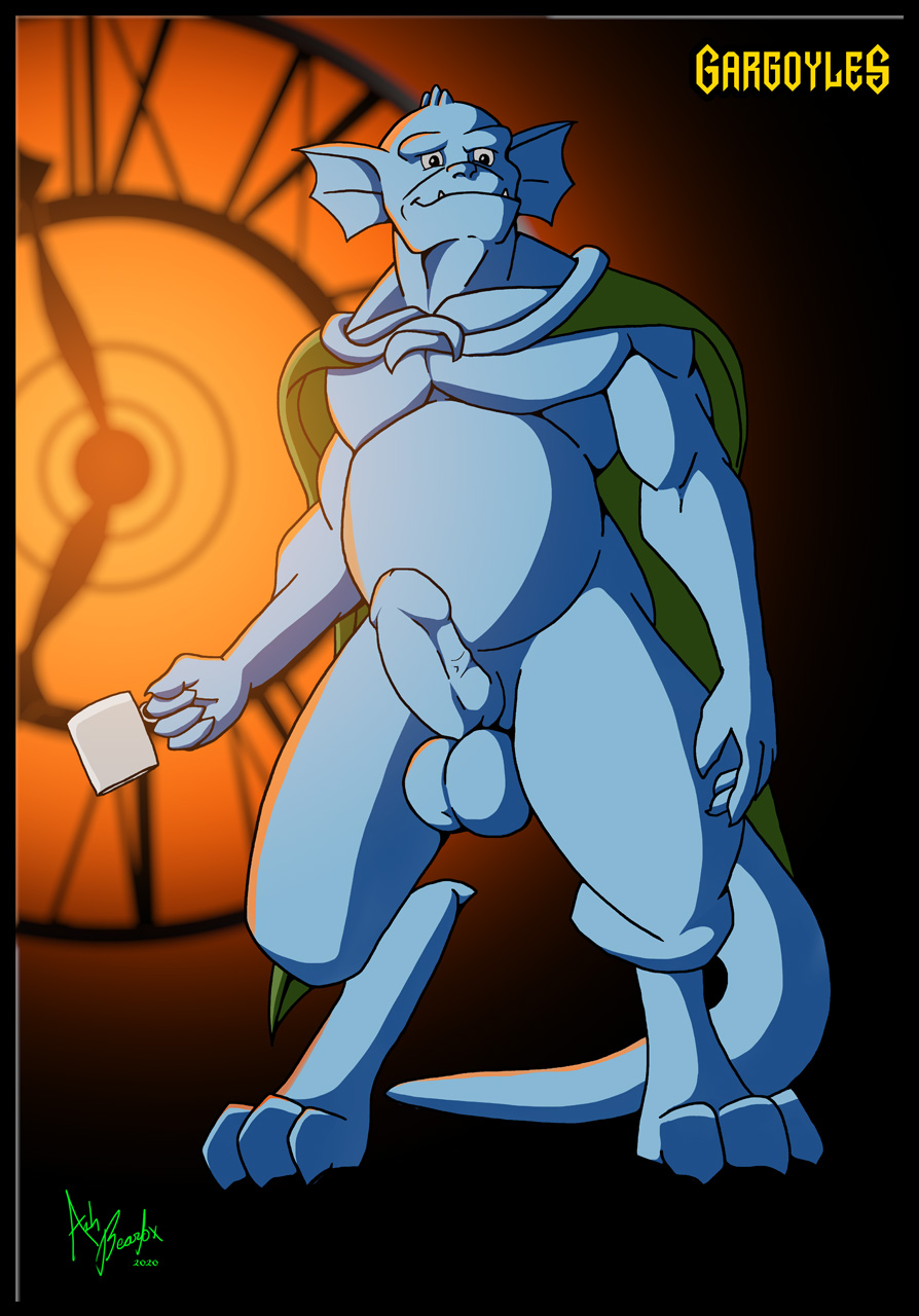 anthro ashbearfox balls belly big_balls broadway_(gargoyles) chubby_male clock clock_tower coffee_mug digital_media_(artwork) disney erection gargoyles genitals hi_res male male_only solo