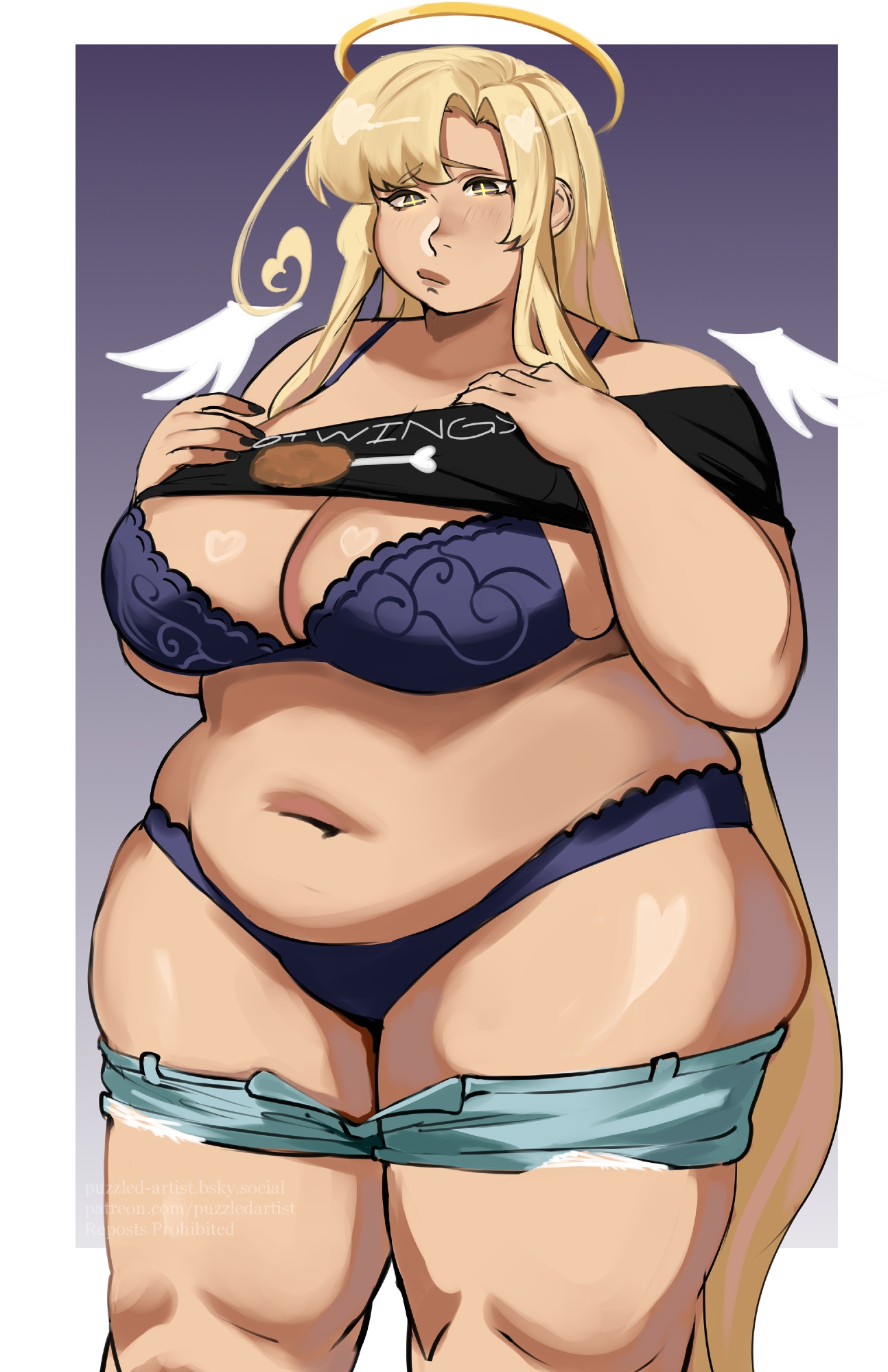 1girls, angel, angel wings, angie (puzzled artist), big breasts, blonde female, blonde hair, breasts, chubby, chubby female, fat, fat female, female, female only, halo, oc, original character, puzzled artist, solo, wings