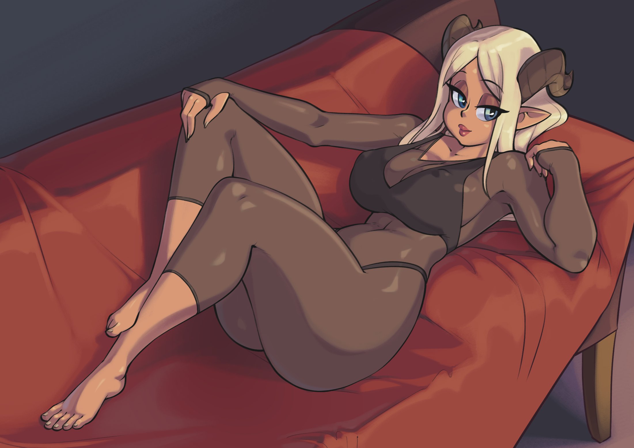 barefoot, blonde hair, blue eyes, bodystocking, bra, cleavage, couch, erect nipples, female, female only, hand on knee, highres, horns, humanoid, kait (skecchiart), looking away, lying on couch, nipples, pointy ears, skecchiart, solo, solo female, thick thighs, wide hips