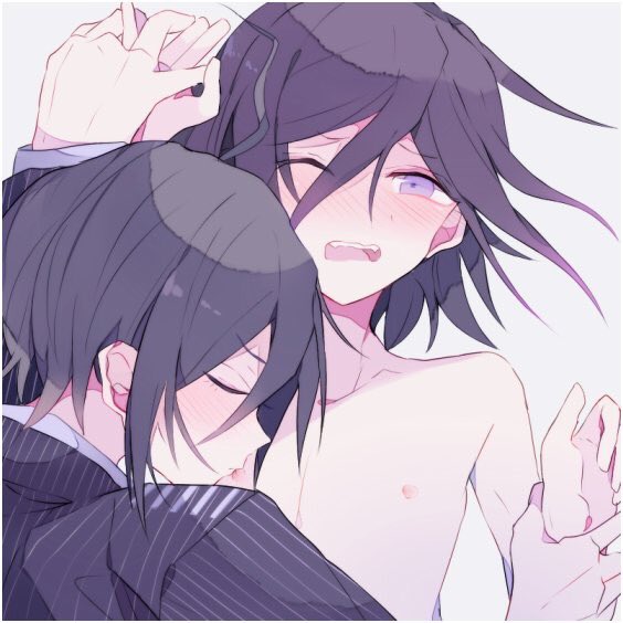 ahoge black_hair blush closed_eyes clothing danganronpa danganronpa_v3 embarrassed gay kokichi_ouma licking_breast male male_only moaning new_danganronpa_v3 nipples one_eye_closed ouma_kokichi purple_eyes purple_hair saihara_shuuichi straight_hair yaoi