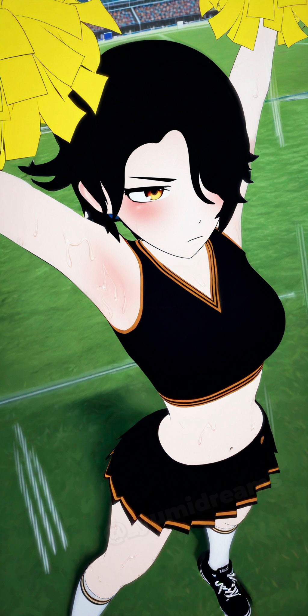  yumidreams, accurate art style, ai generated, armpit fetish, armpits, arms up, bangs, black crop top, black sneakers, blush, cheerleader, cheerleader costume, cheerleader outfit, cheerleader uniform, cinder fall, crop top, female, hair over one eye, high resolution, pale skin, pale-skinned female, pleated skirt, pom poms, rwby, short hair, sneakers, stadium, sweat, sweatdrop, sweating, sweaty, sweaty armpit, sweaty armpits, sweaty arms, sweaty body, watermark, white socks