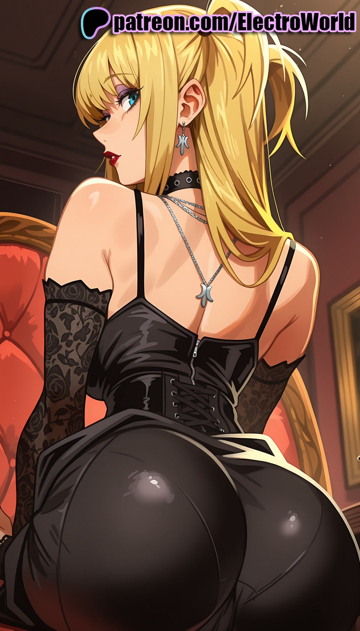 1girls, 2026, ai generated, artist name, ass, blonde hair, choker, cross, cross choker, cross earrings, cross necklace, death note, earrings, electroworld, female, hi res, high quality, high resolution, highres, jewelry, misa amane, necklace, patreon, patreon username, solo, stable diffusion, star (symbol), watermark