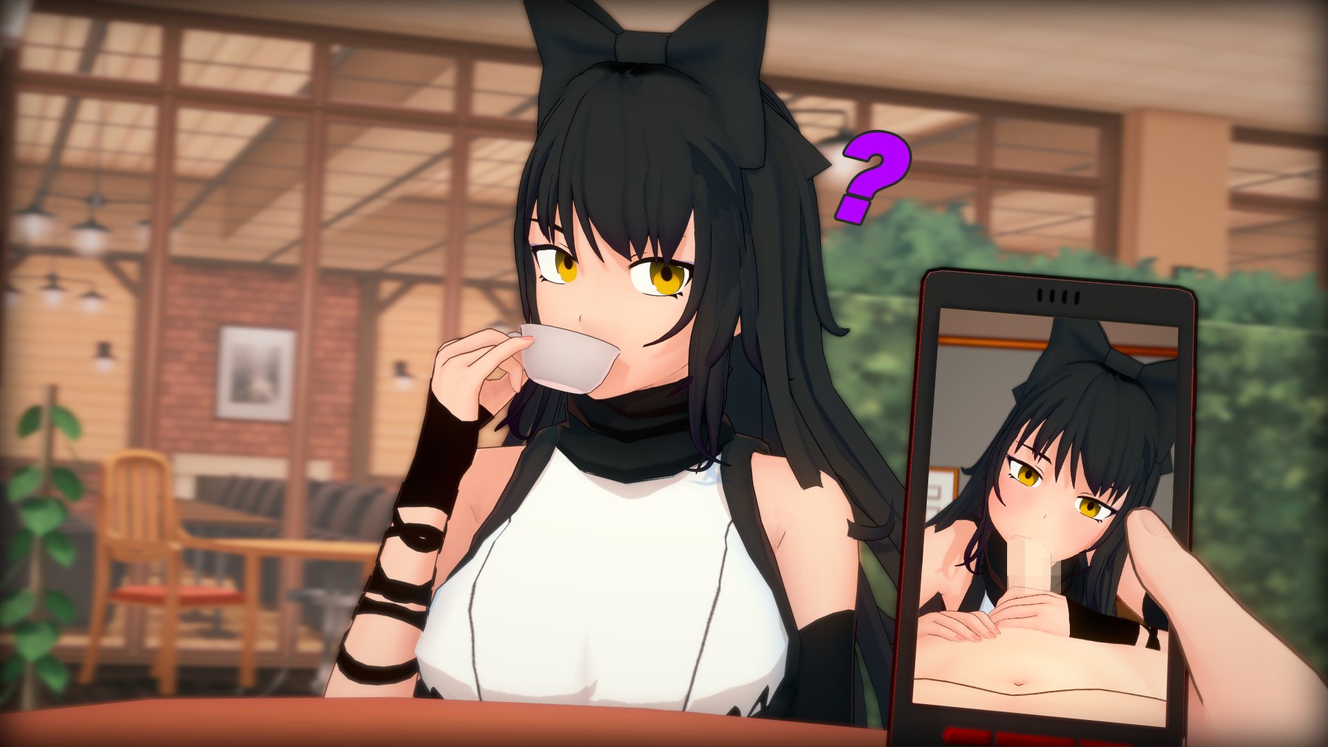 3d, blake belladonna, cat ears, catgirl, confused look, looking at viewer, male, nyxxzeiss, penis, phone screen, rwby, sipping, sucking penis