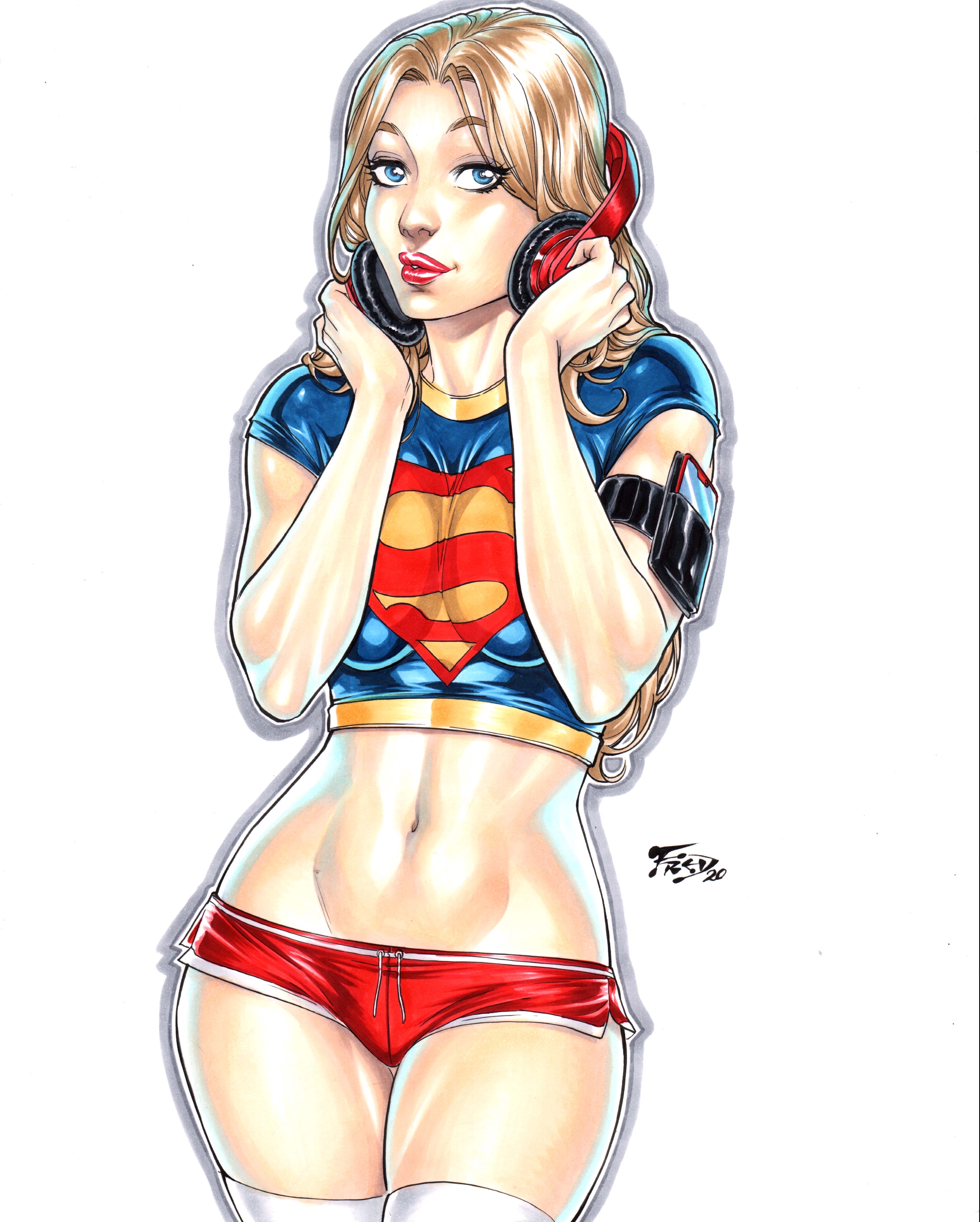 1girls, abs, big breasts, blonde, blonde hair, blue eyes, breasts, cute, dc, dc comics, ed benes studio, edit, egirl, eyelashes, female, fred benes, headphones, kara danvers, kara zor-el, large breasts, light skin, looking at viewer, minishorts, pale skin, red lipstick, red shorts, seductive, see-through, see-through clothing, slim, solo, supergirl, supergirl (volume 5), superman (series), wide hips