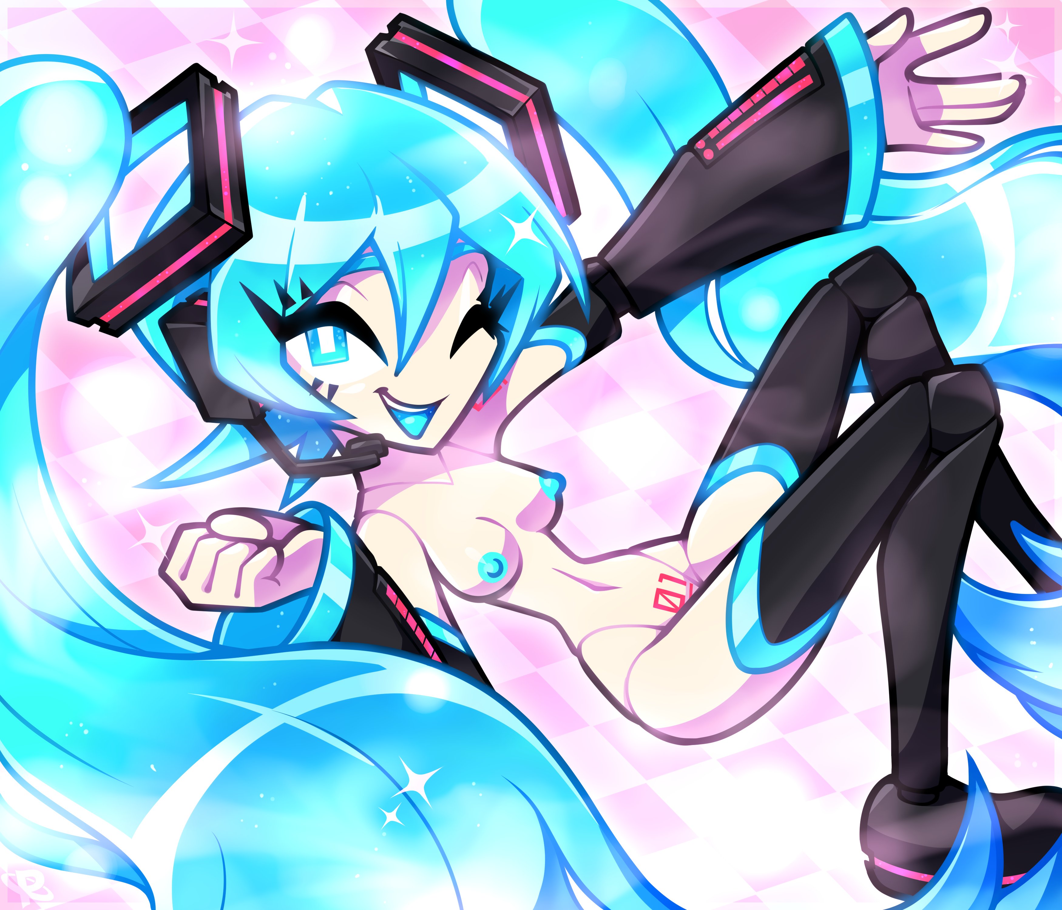 1girl, 1girls, android, android girl, aqua eyes, aqua hair, blue eyes, blue hair, blue nipples, blue tongue, breasts, detached sleeves, doll joints, female, floating hair, hatsune miku, headset, high resolution, highres, joints, long hair, medium breasts, naked footwear, navel, nipples, nude, number tattoo, one eye closed, open mouth, pale-skinned female, pubic tattoo, small breasts, smile, solo, solo female, sparkle, square pupils, thigh boots, thighhighs, thousandarms, twintails, very long hair, vocaloid