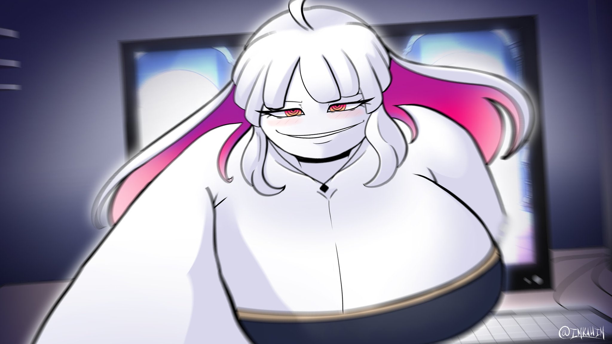 big breasts, boobs, breasts, computer, female, fnf oc, friday night funkin, friday night funkin mod, friday night funkin: entity, huge breasts, imkahim, nikusa (sugarratio), pov, queen, tagme, tits, white body, white hair, white skin, white skinned female