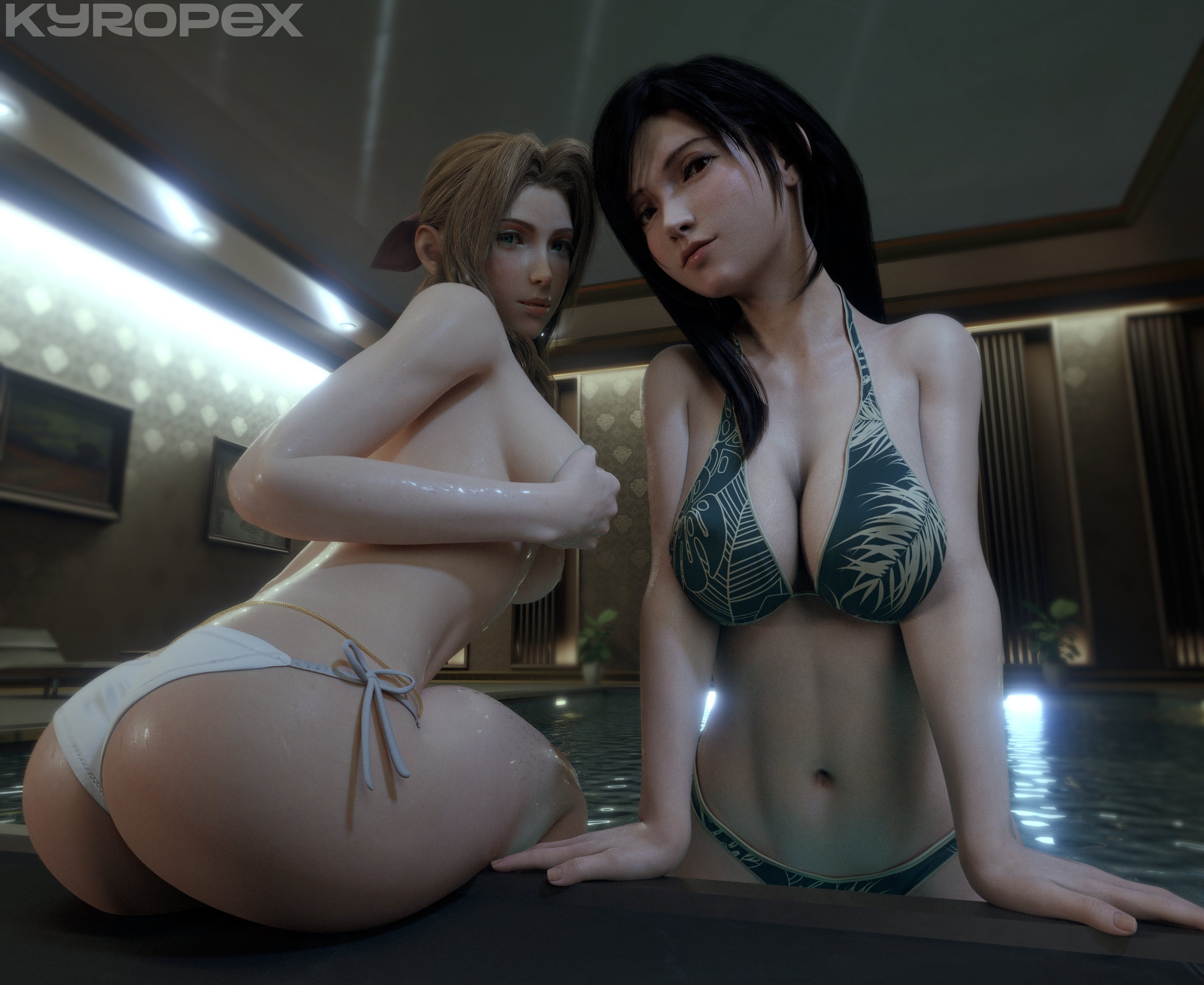 2girls, 3d, aerith gainsborough, arm support, artist name, ass, bangs, bikini, bikini bottom, bikini bottom only, black bikini, black hair, black swimsuit, bow, breast hold, breasts, brown eyes, brown hair, cleavage, clothing, covering, covering breasts, covering nipples, covering privates, female, female torso, final fantasy, final fantasy vii, final fantasy vii remake, green eyes, hair ornament, hairbow, high resolution, indoors, kyropex, large breasts, leaning forward, lips, long hair, looking at viewer, looking back, multiple females, multiple girls, navel, nose, parted bangs, parted lips, partially submerged, patreon username, pool, poolside, print bikini, print swimsuit, reflection, side-tie bikini, side-tie bikini bottom, side-tie clothing, side-tie swimsuit, sitting, stomach, swimsuit, tifa lockhart, topless, username, water, web address, wet, white bikini, white swimsuit