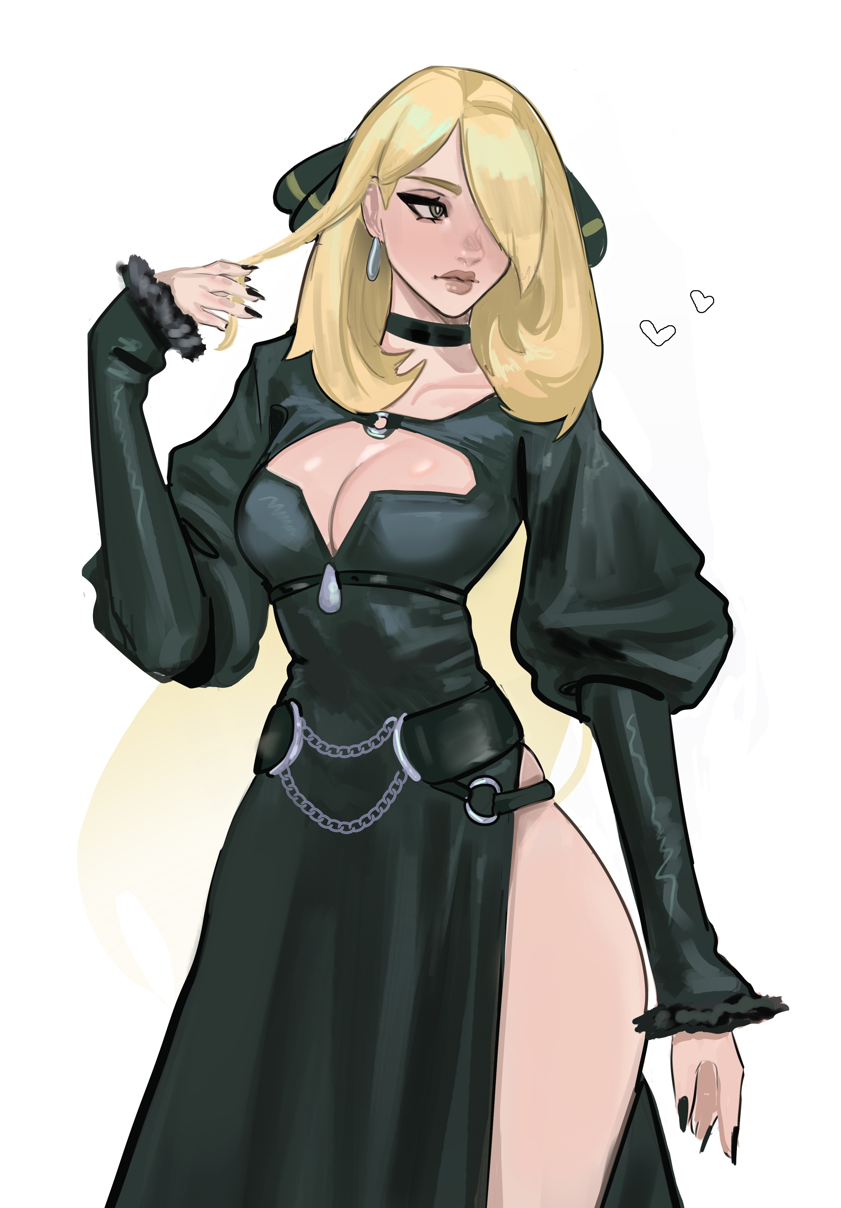 absurdres, alternate costume, black choker, black dress, black nails, blonde hair, breasts, choker, cleavage, closed mouth, collarbone, cynthia (pokemon), dress, earrings, female, grey eyes, hair ornament, hair over one eye, heart, highres, jewelry, large breasts, long hair, long sleeves, nintendo, pokemon, pokemon dppt, side slit, simple background, solo, thighs, vile (vile jp), white background