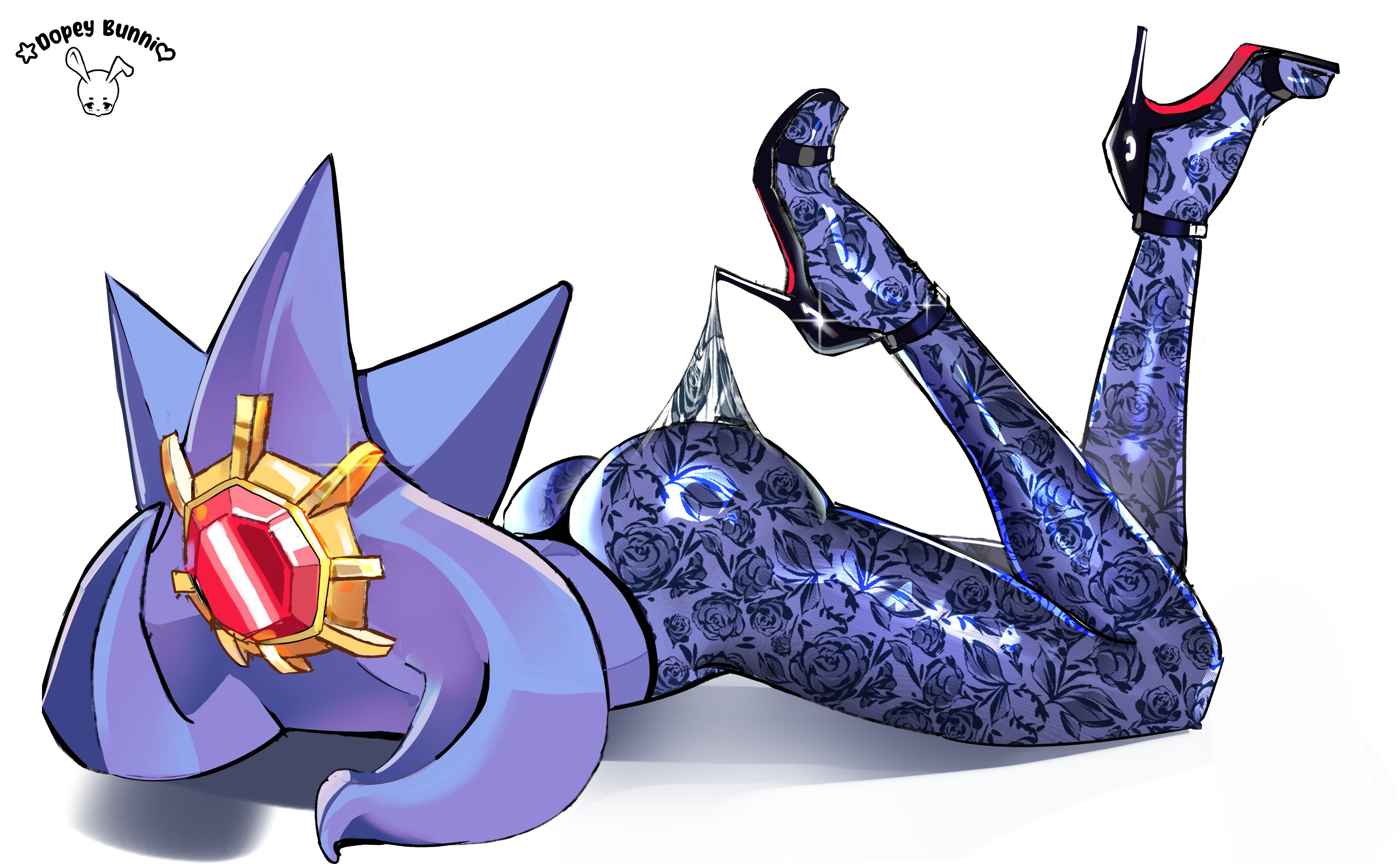 ambiguous gender, androgynous, ass, black pantyhose, christian louboutin (brand), dat ass, dopeybunni, faceless, gem, high heels, lace pantyhose hooked on heel (meme), mega starmie, meme, pantyhose, photo-referenced, pokemon, pokemon (species), pokemon legends: z-a, print pantyhose, purple skin, shitpost, solo, starmie, stiletto heels, thong, topless