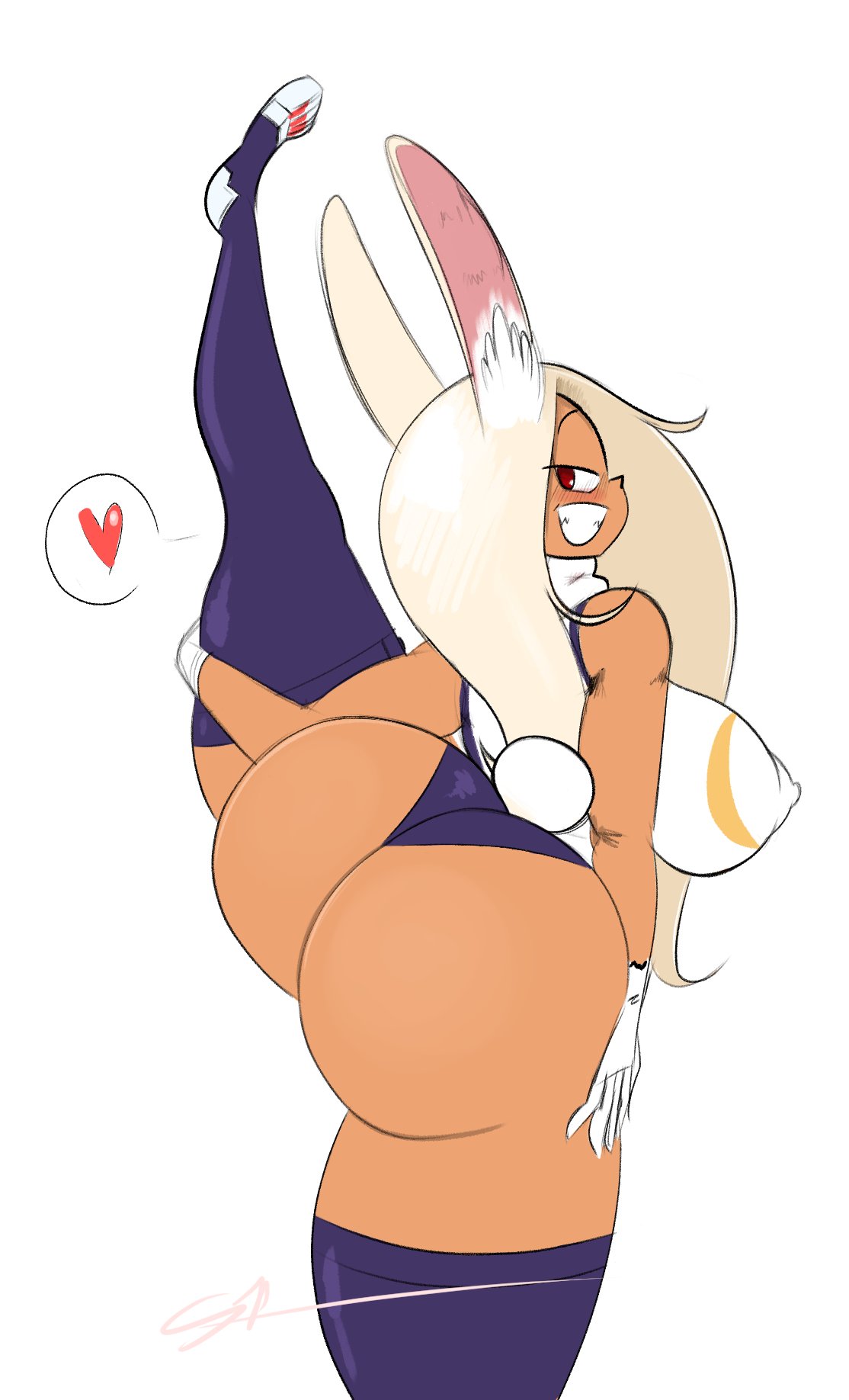 1girls, ass, big ass, big breasts, breasts, bunny ears, bunny tail, dark skin, dark-skinned female, female, female only, hero outfit (mha), huge ass, large breasts, leg up, long hair, looking back, miruko, my hero academia, ota (artist), red eyes, rumi usagiyama, smile, solo, solo female, thick thighs, thighhighs, white background, white hair
