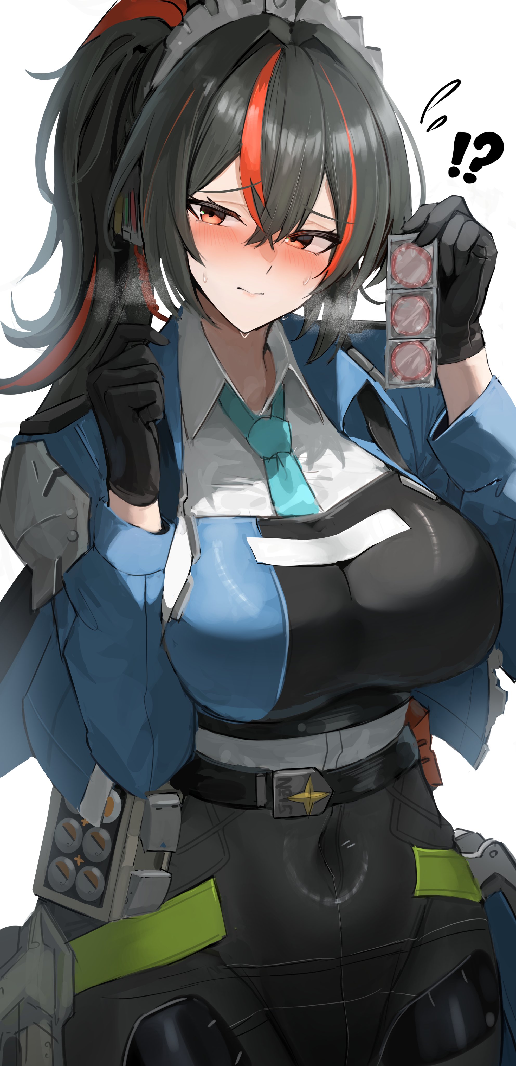 !?, 1girls, absurdres, black gloves, black hair, black pants, blue jacket, blue necktie, blush, breasts, breath, closed mouth, condom, covered navel, earpiece, female, gloves, hairband, hana hebi, hands up, highres, holding, holding condom, jacket, large breasts, metal hairband, multicolored hair, necktie, pants, police, police uniform, policewoman, ponytail, red eyes, red hair, solo, streaked hair, sweatdrop, tight clothes, tight pants, upper body, white background, zenless zone zero, zhu yuan