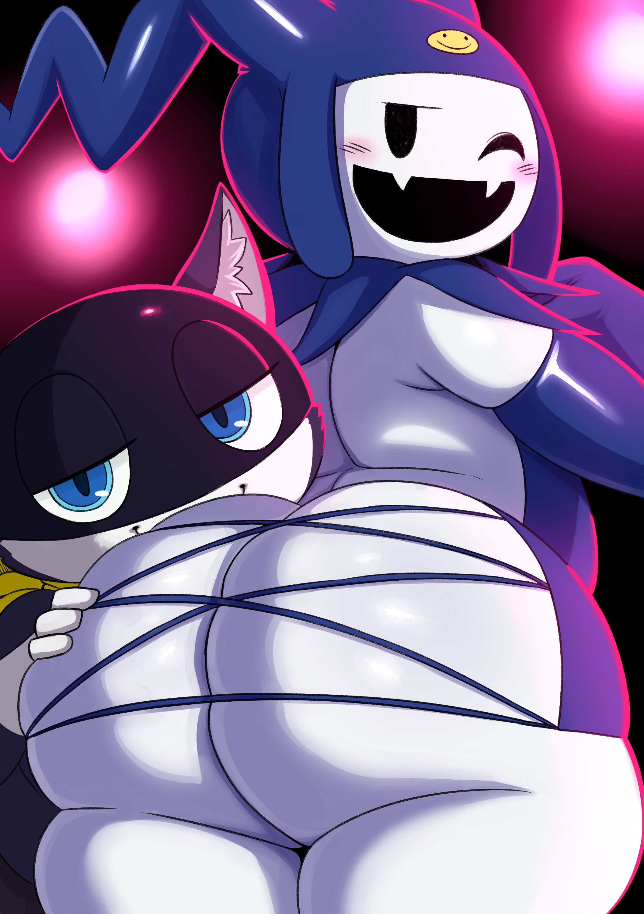 2boys, anthro, ass, atlus, big ass, big butt, black fur, cat, feline, gay, hand on ass, huge ass, jack frost (megami tensei), male, male only, mask, megami tensei, morgana (persona), persona, persona 5, pink light, shin megami tensei, snowman, sssonic2, tagme, trap, wink