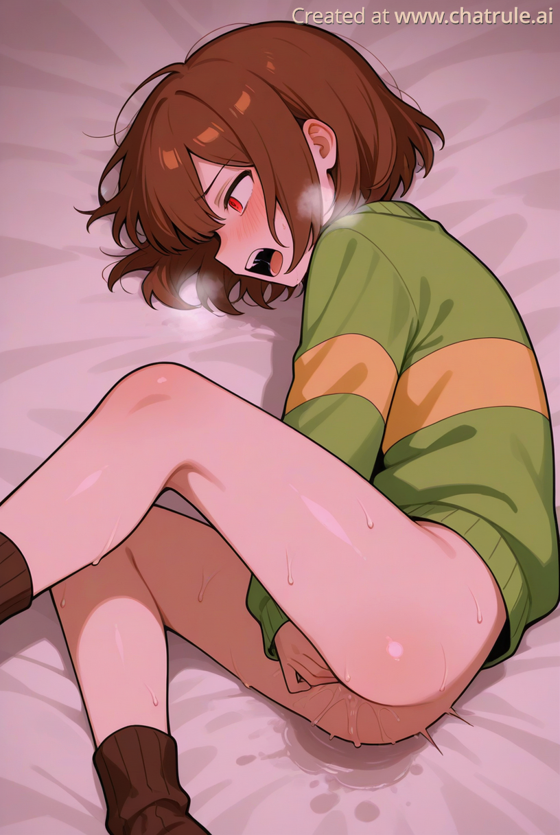 ai art, ai generated, bottomless, chara, female, female chara, lying on side, masturbation, on bed, orgasm, red eyes, undertale, weird