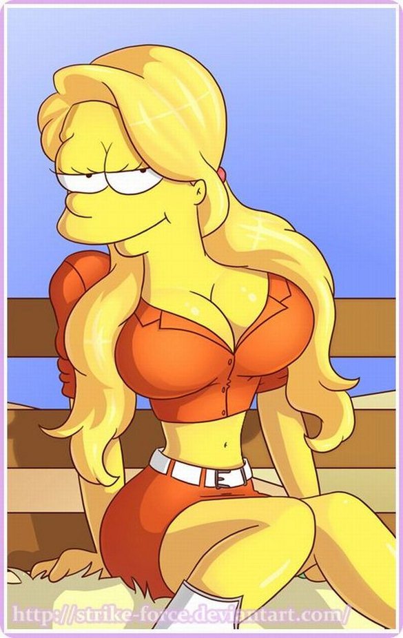 20th century studios, accurate art style, aged up, alternate breast size, ass, bart simpson, belly button, belt, big ass, big breasts, big butt, blonde hair, boots, breast bulge, breasts, button down shirt, cleavage, crop top, eyelashes, female, fence, hair down, hair over one eye, hair scrunchie, hair tie, half-closed eyes, hay, large breasts, long hair, no bra under clothes, pigtails, rolled up sleeves, seductive eyes, seductive look, short shorts, shorts, sitting, strike-force, the simpsons, thick thighs, yellow body, yellow skin