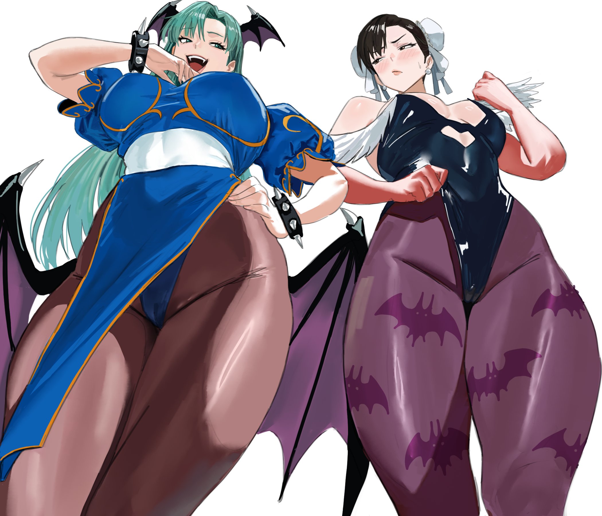 2girls, 7:6, bat print, big breasts, black hair, blush, breasts, brown pantyhose, bun cover, capcom, chun-li, chun-li (cosplay), clothes swap, company connection, cosplay, costume switch, crossover, darkstalkers, female, female only, frown, green eyes, green hair, hair buns, hand on hip, head wings, hi res, large breasts, leotard, long hair, looking at each other, morrigan aensland, morrigan aensland (cosplay), mugi (mugit49), mugit49, multiple females, multiple girls, narrowed eyes, open mouth, outfit swap, pantyhose, purple pantyhose, smile, smiling, spiked bracelet, street fighter, succubus, succubus wings, thick thighs, twin buns, viewed from below, white background, wings