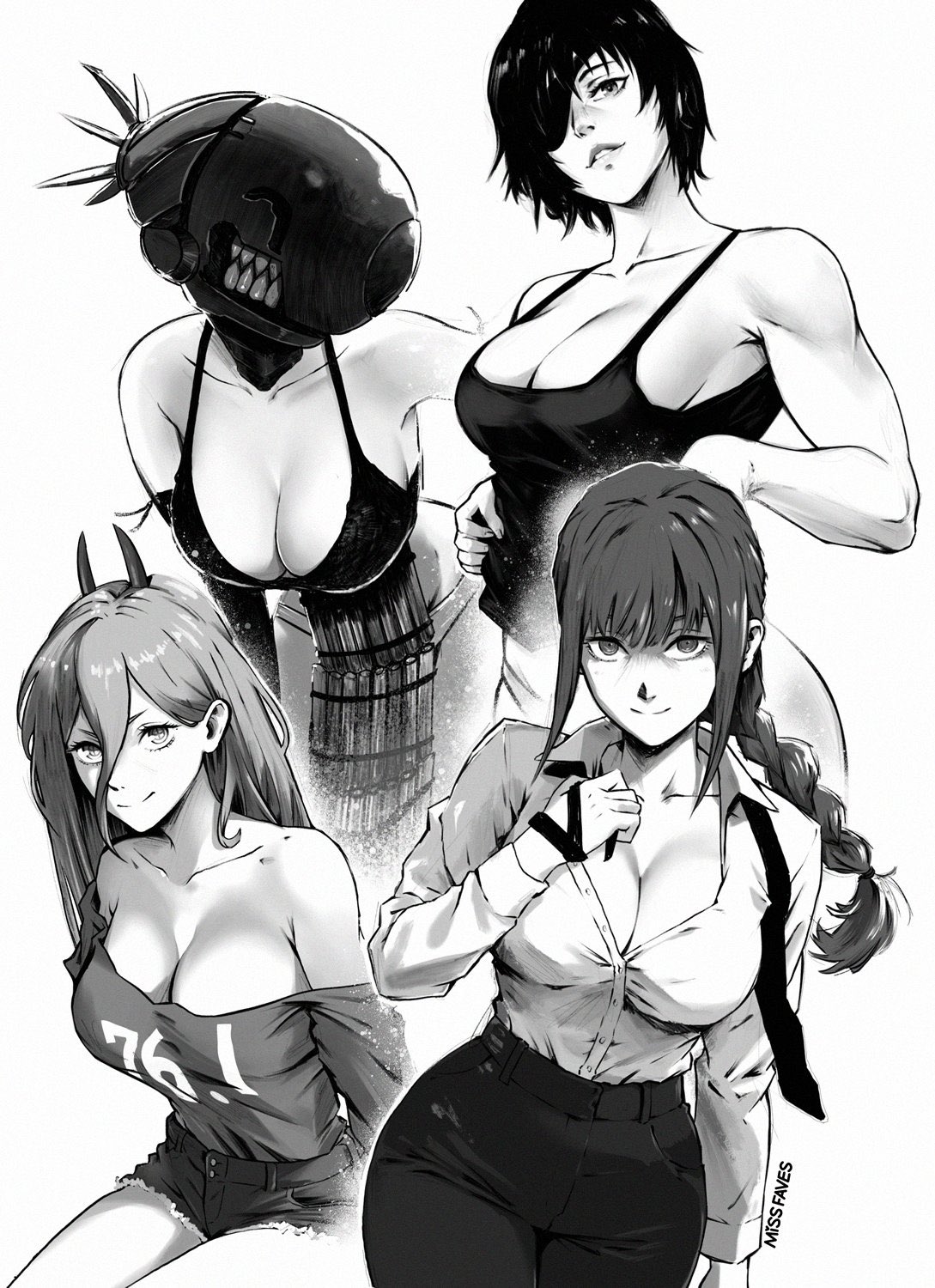 4girls, black and white, bomb devil, chainsaw man, female, himeno (chainsaw man), makima (chainsaw man), missfaves, power (chainsaw man), reze (chainsaw man)
