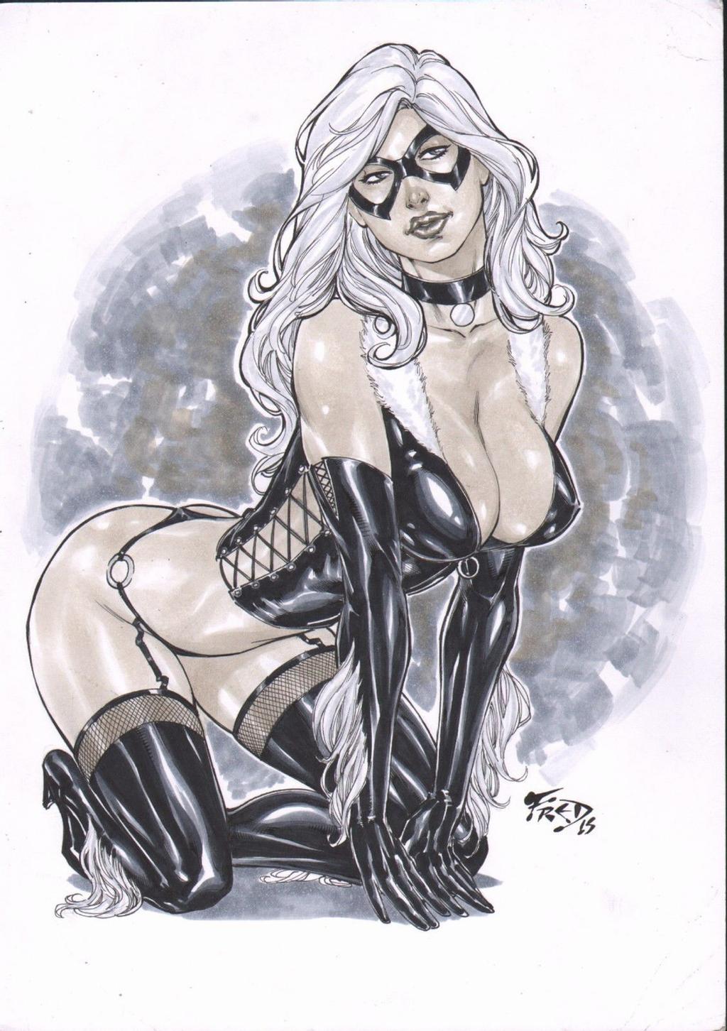 black_cat_(marvel) cleavage corset ed_benes_studio erect_nipples felicia_hardy female female_only fred_benes huge_breasts long_gloves marvel marvel_comics mask neckband pet_collar solo spider-man_(series) thighhighs thong voluptuous white_hair