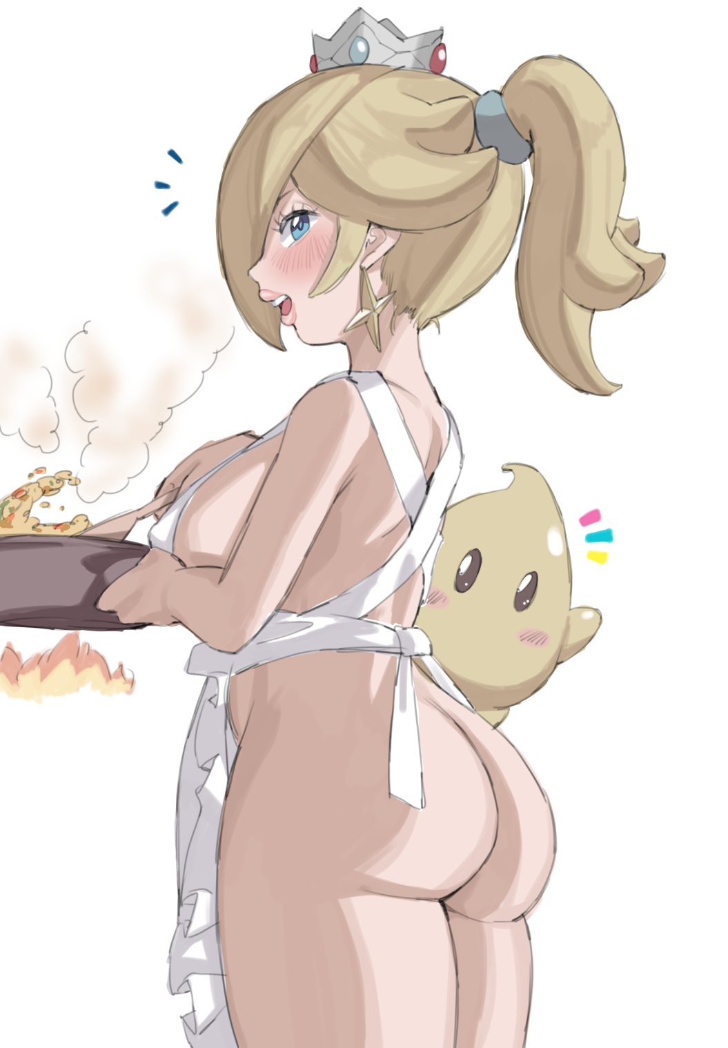 1girls, apron, apron only, ass, big ass, big breasts, blonde hair, blue eyes, blush, breasts, cooking, crown, ear piercing, earrings, female, female focus, female only, fire, hair, headwear, lips, luma, mario (series), naked apron, nintendo, parted lips, ponytail, princess rosalina, smile, star, star earrings, tied hair, white apron, white background, yamino ekakinin