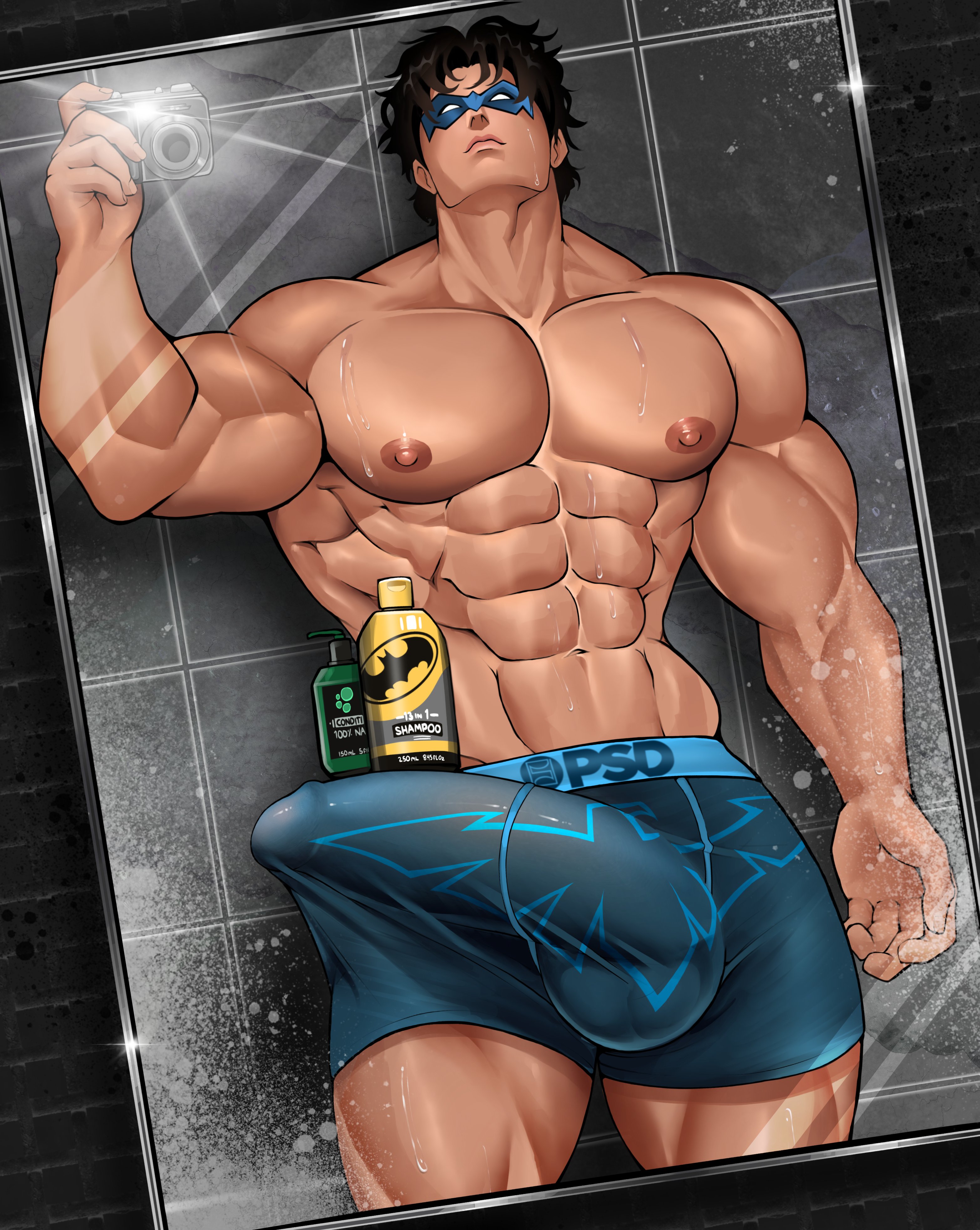 1boy, abs, bara, batman (series), bulge, camera, cardboardbaux, dc, dc comics, dick grayson, male, male focus, male only, mirror, muscular, muscular arms, muscular chest, muscular male, muscular thighs, nightwing, nipples, pecs, penis, penis shaped bulge, solo, solo male, topless, underwear, yaoi