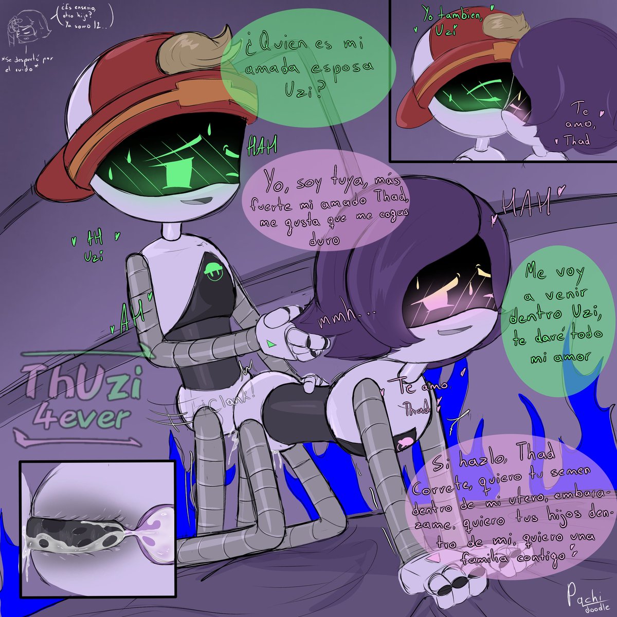 cum, cum in pussy, cum inside, doggystyle, female, glitch productions, kissing, male, male/female, murder drones, pachinsfw, robot, robot boy, robot girl, sex, spanish text, tagme, thad (murder drones), uzi (murder drones), white body, worker drone, xray view