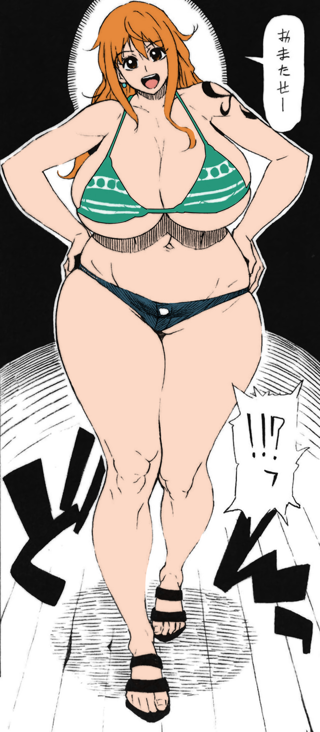 1girls, ass, big breasts, bikini, bikini top, bonten, breasts, brown eyes, color, color edit, colored, curvaceous, curvy, curvy body, curvy female, curvy figure, denim shorts, dialogue, doujinshi, earrings, female, female only, hands on hips, huge breasts, japanese text, jean shorts, jeans, large breasts, long hair, looking at viewer, micro shorts, miraa05, nami (one piece), navel, one piece, orange hair, plump, post-timeskip, short shorts, solo, speech bubble, striped bikini, tattoo, text, thick ass, thick thighs, voluptuous