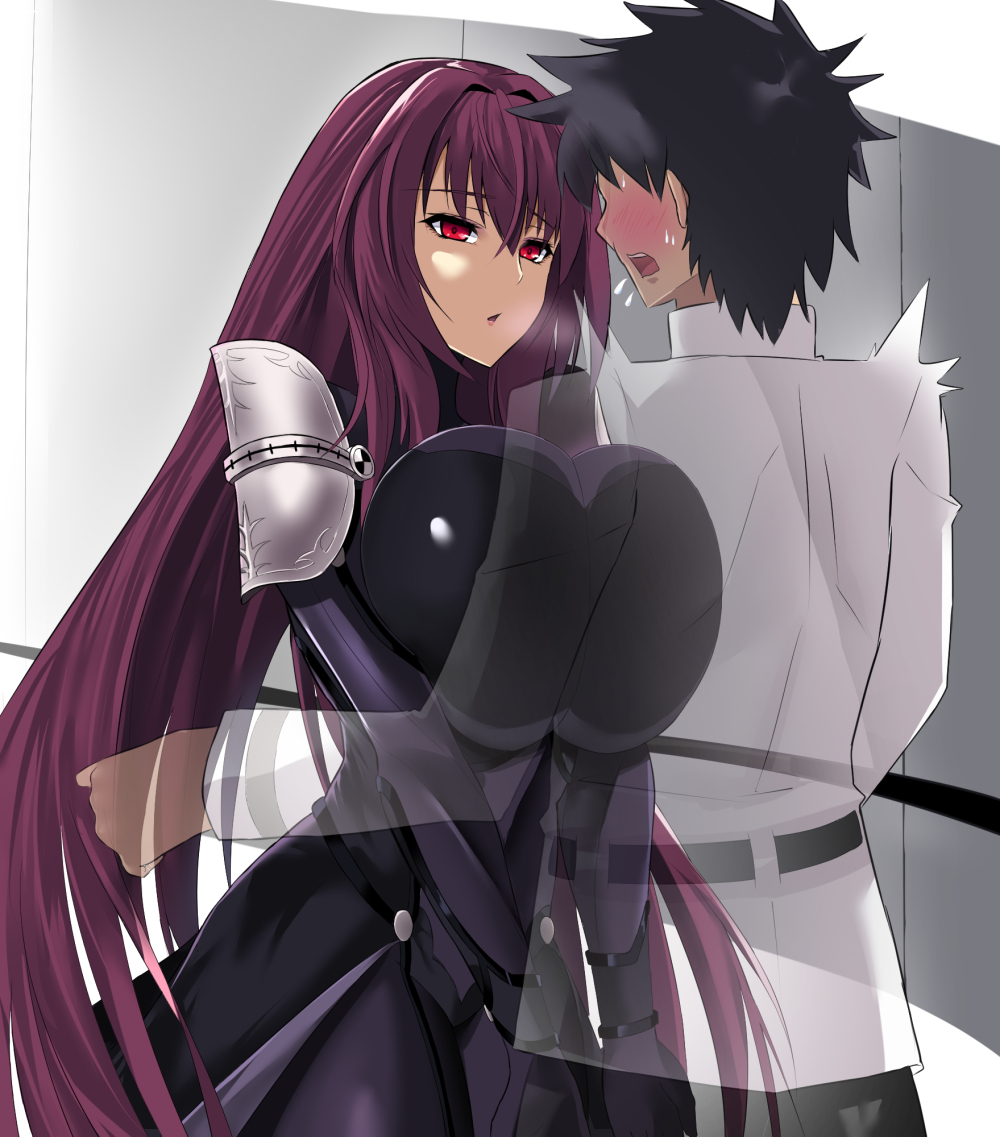 breasts, clothed female, fate (series), fate/grand order, female, large breasts, long hair, male, purple hair, red eyes, scathach (fate), straight, takara joney