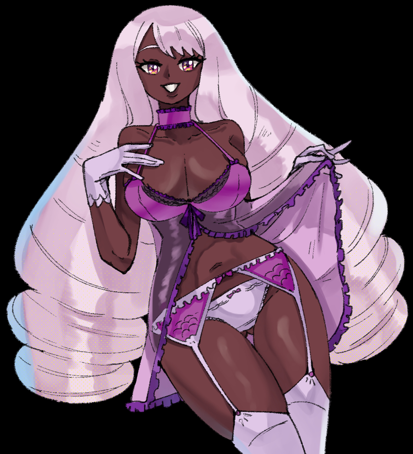 1girls, ass visible through thighs, babydoll, babydoll lift, black background, bow panties, bra, breasts, cleavage, dark skin, dark-skinned female, drill hair, female, female only, game freak, garter belt, garter straps, gloves, halterneck, jacinthe (pokemon), lace trim, lace-trimmed babydoll, lace-trimmed bra, lace-trimmed garter belt, lace-trimmed panties, large breasts, lavender hair, lingerie, looking at viewer, low drills, navel, nintendo, panties, pokemon, pokemon legends: z-a, purple babydoll, purple bra, purple gloves, purple hair, purple panties, purple thighhighs, see-through clothes, smile, solo, thighhighs, twin drills, underwear, very dark skin, wanderjegson, white gloves, white legwear, white panties, white thighhighs, yukari (pokemon)