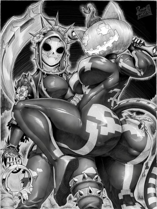 bandolier, breasts, catrina (fortnite), celebration, crown, duo, duo focus, face mask, feline humanoid, female, female focus, female only, flowers, fortnite, fortnite: battle royale, grabbing another's ass, grabbing ass, graveyard, groping, halloween costume, halloween theme, holding crown, huge ass, huge breasts, imminent sex, latex suit, latina, lesbian sex, milf, pressing breasts together, pumpkin head, scythe, skeleton, spice (fortnite), tail, vines, weapon, yuri