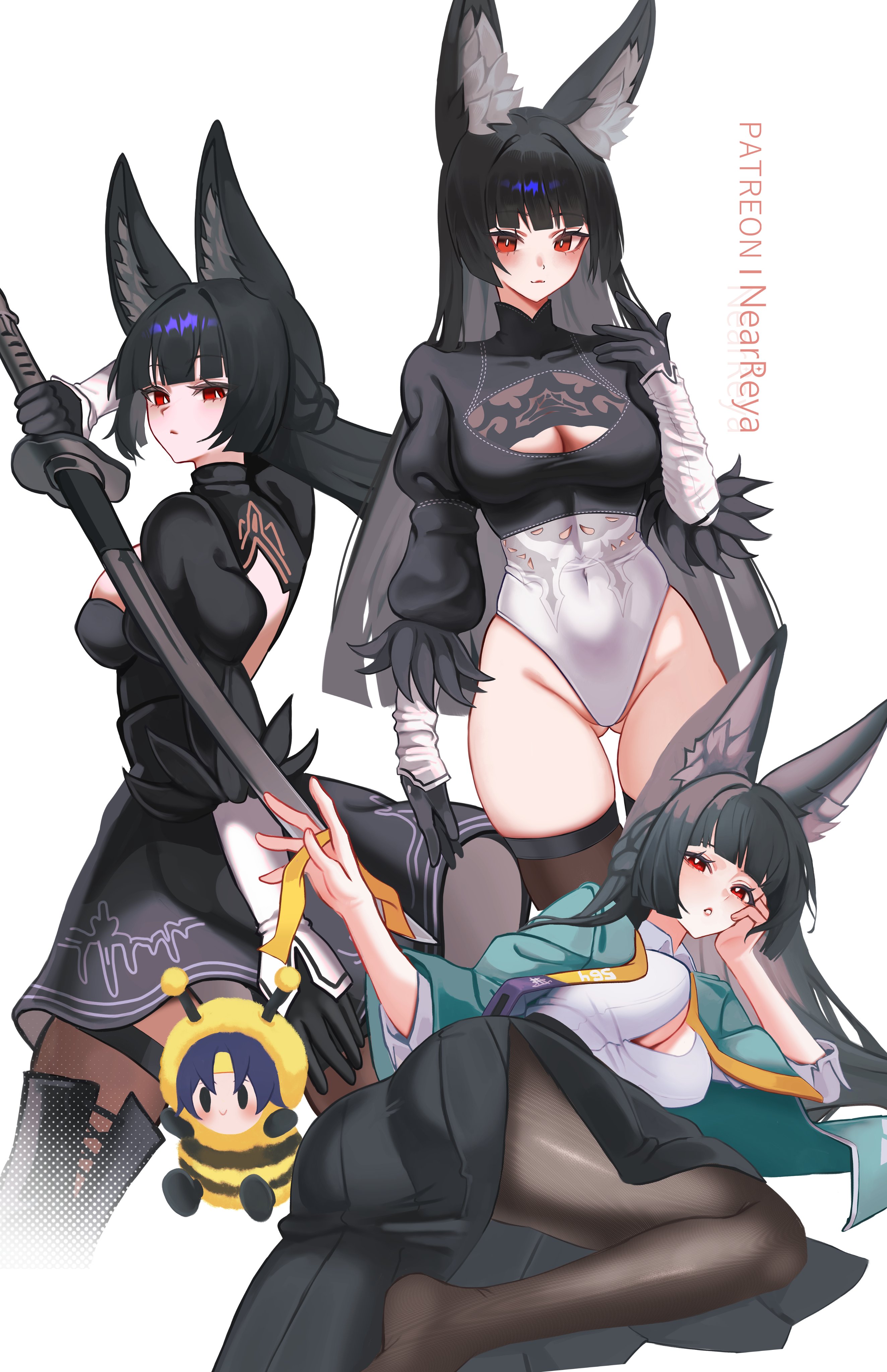 1girls, 2026, animal ears, ass, black hair, breasts, closed mouth, clothing, color, colored, cosplay, digital media (artwork), female, female only, fox ears, fully clothed, hair, hi res, hoshimi miyabi, hoyoverse, legs, legwear, light skin, light-skinned female, looking at viewer, mihoyo, nearreya, nier, nier (series), nier: automata, open mouth, open shirt, red eyes, shirt, simple background, solo, thick thighs, thighs, white background, yorha 2b (cosplay), zenless zone zero