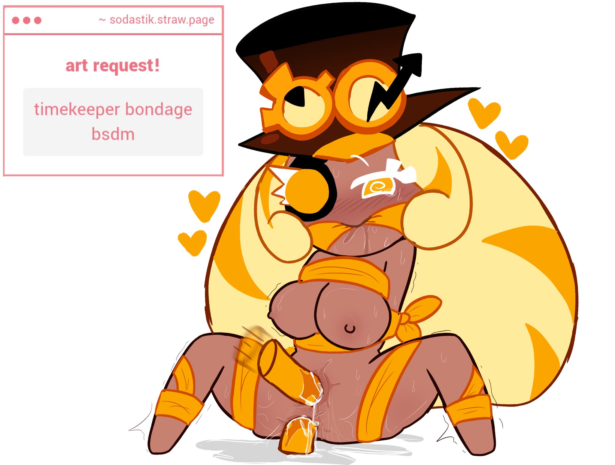 anal juice, anal sex, blushing, bondage, cleave gag, cookie run, cookie run ovenbreak, dildo, dildo in ass, dildo in pussy, enjoying, female, female only, looking at viewer, loving it, naked, naked female, pleasure face, pussy, ribbon bondage, sodastik, spiral eyes, timekeeper cookie, tophat, trembling, trembling lines, trembling spikes, vaginal juices, vaginal penetration, vaginal sex, yellow hearts