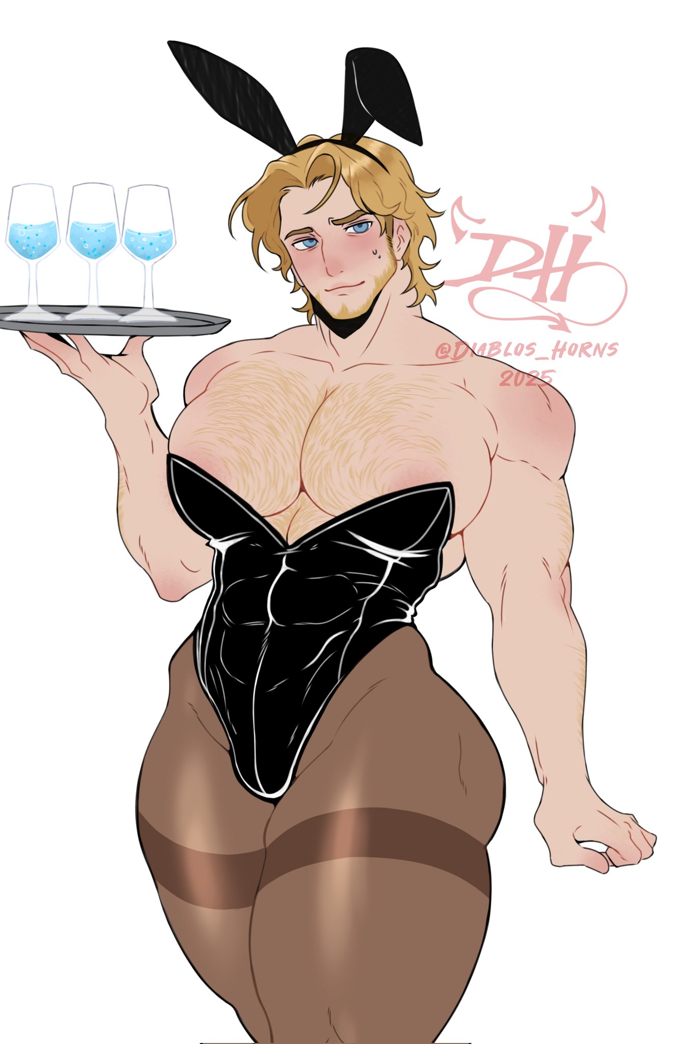 1boy, artist name, bara, blonde hair, blush, bunny ears, chest hair, crossdressing, curly (mouthwashing), diablos horns, facial hair, femboy, femboy dilf, holding tray, male, male focus, male only, mouthwashing, muscular, muscular arms, muscular male, pecs, simple background, solo, solo male, text, yaoi