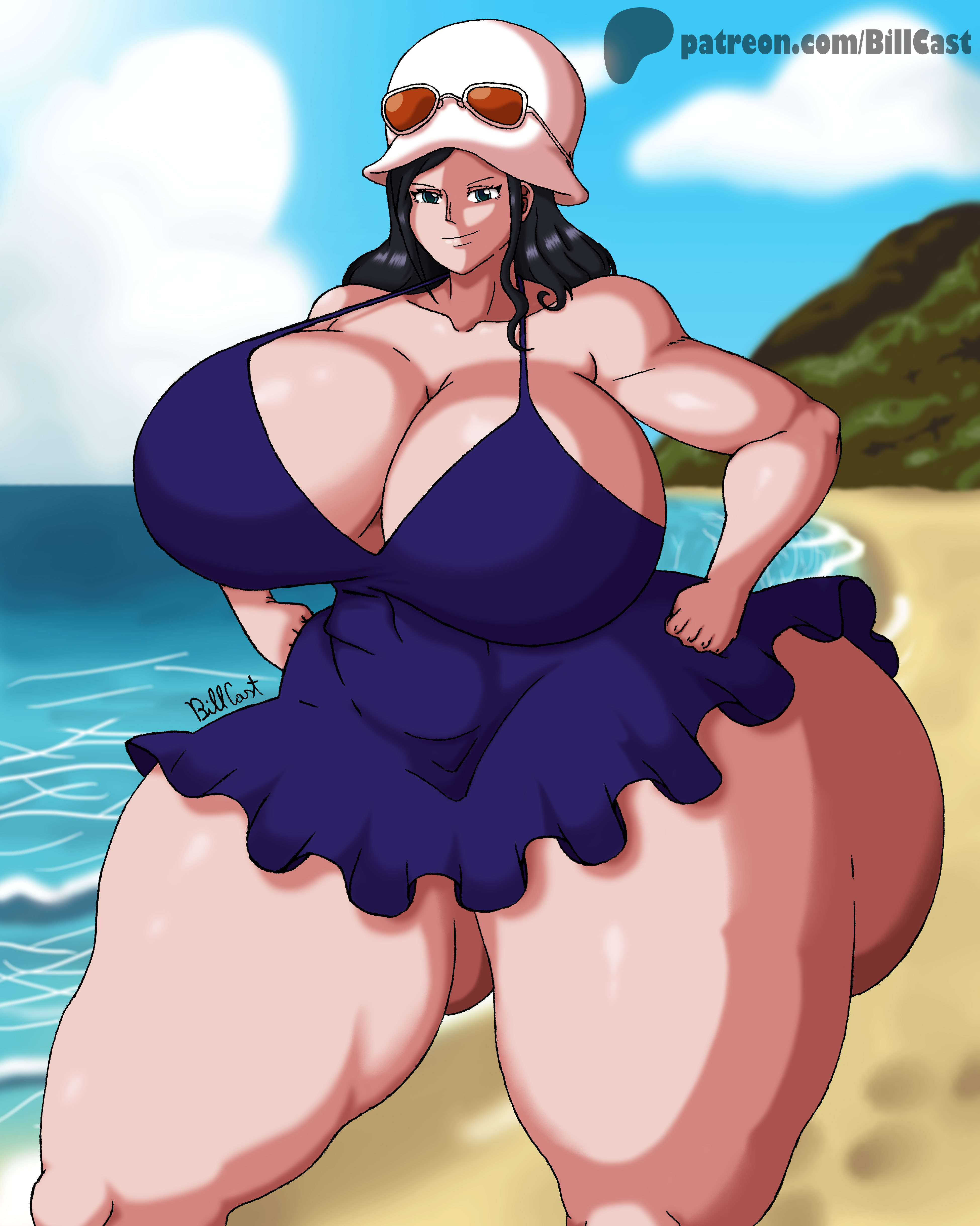 1girls, ass, ass bigger than head, ass visible from the front, ass visible through thighs, beach, beach background, big ass, big breasts, billcast, black hair, blue eyes, booty, bottom heavy, breasts, breasts bigger than head, busty, colossal breasts, commission, dress, dressrosa, enormous ass, enormous breasts, female, female focus, female only, giant ass, giant breasts, gigantic ass, gigantic breasts, glasses, glasses on head, hand on hip, hands on hips, hat, huge ass, huge breasts, huge hips, human, hyper ass, hyper breasts, large ass, large breasts, long hair, looking at viewer, massive ass, massive breasts, minidress, nico robin, one piece, patreon username, self upload, sexy, sexy body, sexy pose, shounen jump, shueisha, smile, smiling, smiling at viewer, sole female, solo, solo female, solo focus, thick, thick ass, thick thighs, thighs, venus body, voluptuous, voluptuous female, wide hips