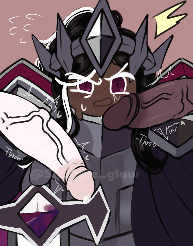 1boy, 2d, affogato cookie, armor, blush, color, cookie run, cookie run kingdom, crown, dark cacao cookie, dark skin, dark-skinned male, duplicate, english text, gay, imminent oral, imminent sex, long hair, male, male focus, male only, multiple penises, onomatopoeia, peach blossom cookie, penis, precum, purple eyes, snugg-glow, startled, sweat, sword, tagme, throbbing penis, veiny penis, watermark, yaoi