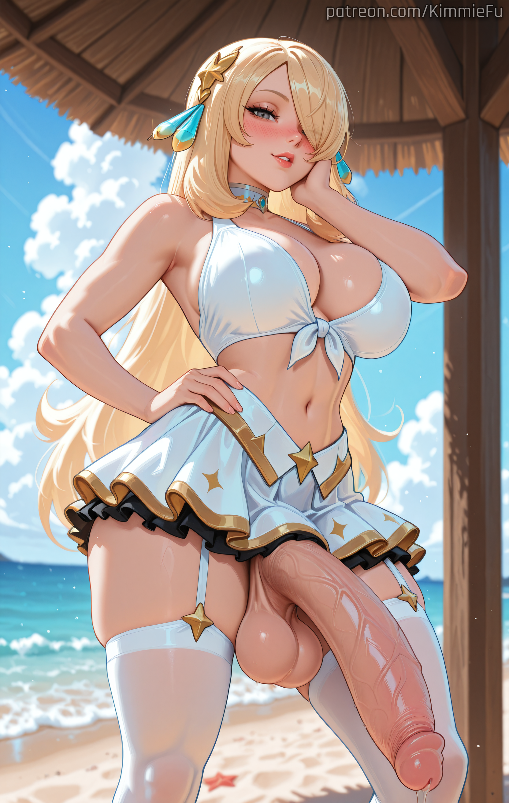 1futa, 2025, abs, ai generated, armpits, balls, bangs, beach, big breasts, blonde hair, blush, breasts, cleavage, cock, cynthia (pokemon), dickgirl, futa only, futanari, gamefreak, garter straps, grey eyes, hair ornament, hair over one eye, hand on face, hand on hip, hi res, huge cock, intersex, kimmiefu, large breasts, light skin, light-skinned futa, lips, long cock, long hair, long penis, looking at viewer, navel, nintendo, ocean, outdoors, penis, pokemon, precum, self upload, shiny skin, shirt, sidelocks, skirt, small waist, solo, stockings, sweat, tagme, testicles, topwear, tropical, veiny cock, veiny penis, wide hips