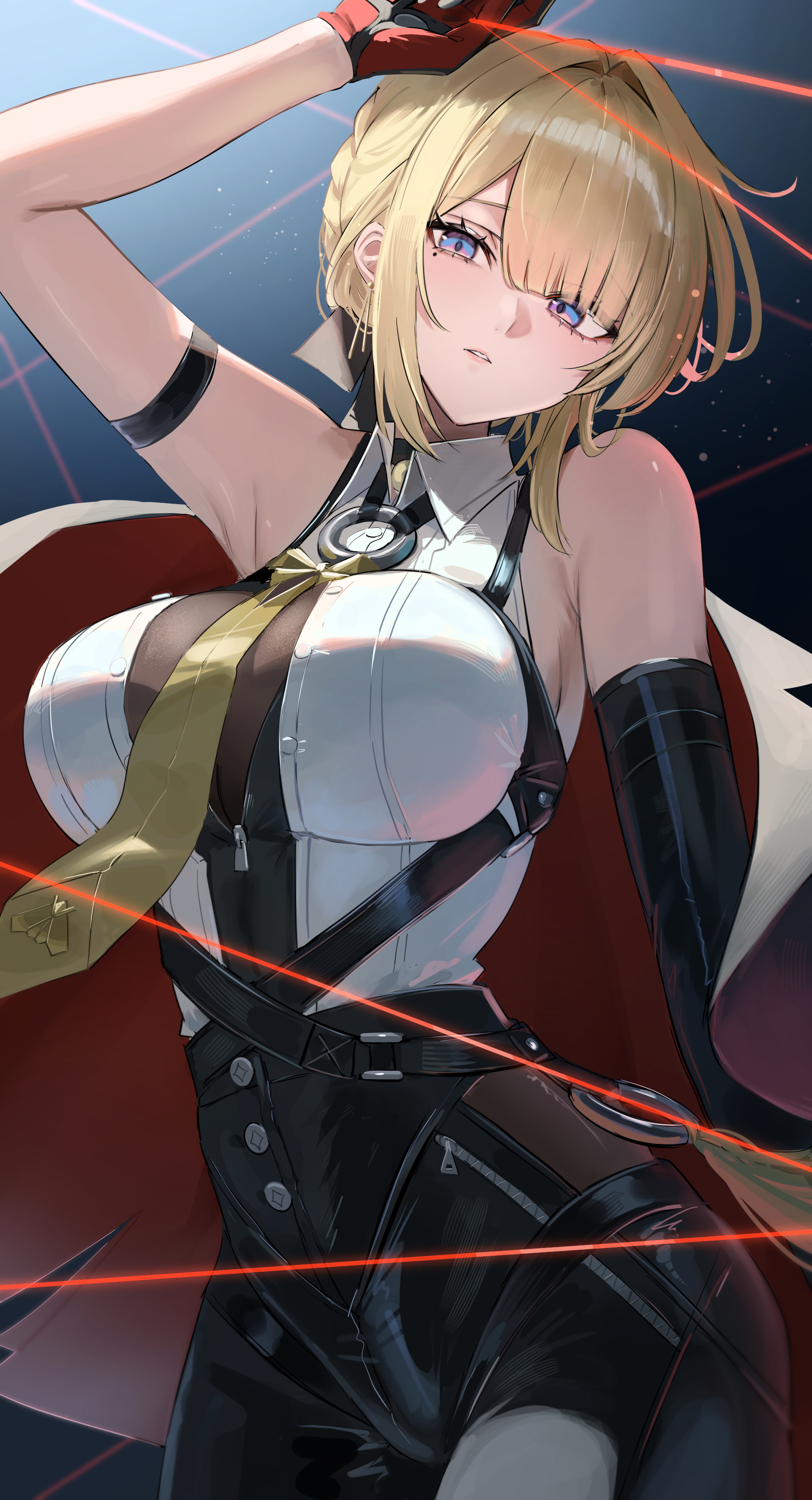 1girls, absurdres, arm strap, armpit crease, black pants, blonde hair, breasts, commentary, elbow gloves, evelyn chevalier, female, fit female, gloves, hair up, hana hebi, high-waist pants, highres, human, human female, jacket, jacket on shoulders, large breasts, light particles, light-skinned female, looking at viewer, necktie, pants, parted lips, purple eyes, red gloves, shirt, single elbow glove, sleeveless, sleeveless shirt, slim waist, solo, thread, upper body, white shirt, wide hips, yellow necktie, zenless zone zero
