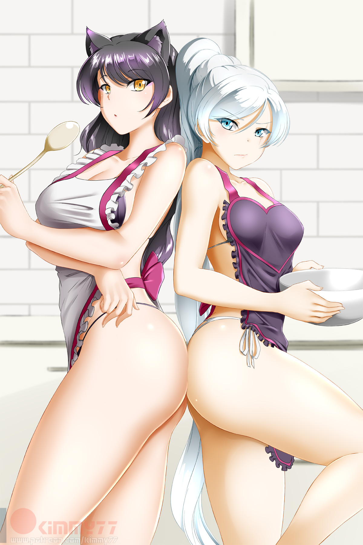 apron, black hair, blake belladonna, blue eyes, female, kimmy77, rwby, weiss schnee, white hair, yellow eyes