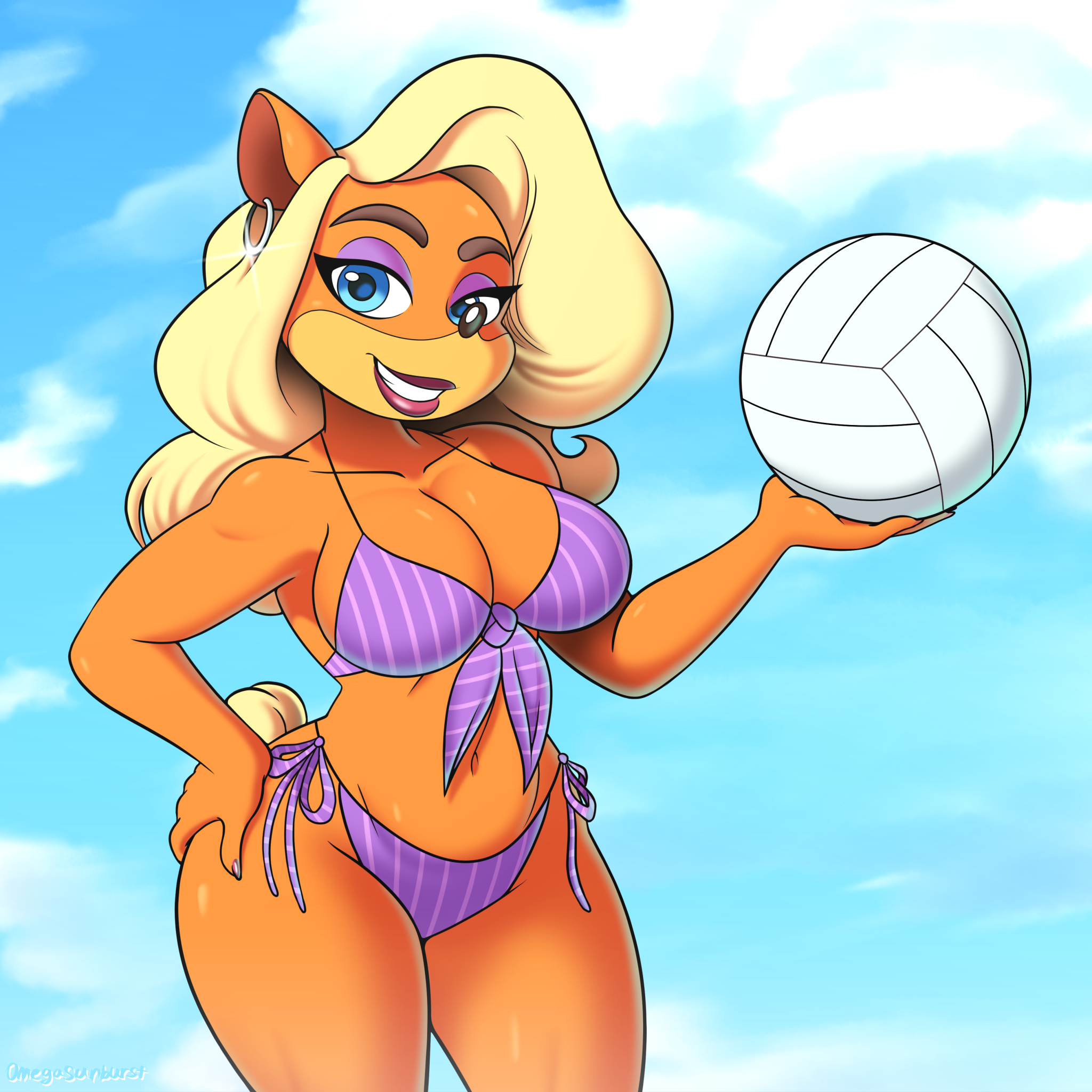 activision, bandicoot, beach, bikini, blonde hair, blue eyes, breasts, crash (series), earrings, eye shadow, female, furry, hand on hips, hips, lipstick, mammal, marsupial, omegasunburst, smile, solo, solo female, tawna bandicoot, volleyball, wide hips