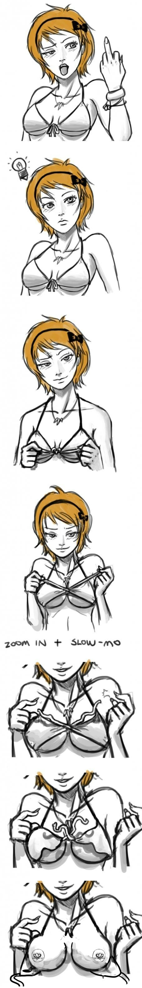 1girls big_breasts blonde_hair breasts brown_eyes censored comic derpina female hairbow me_gusta rage_comics short_hair smiling solo tagme topless undressing unknown_artist