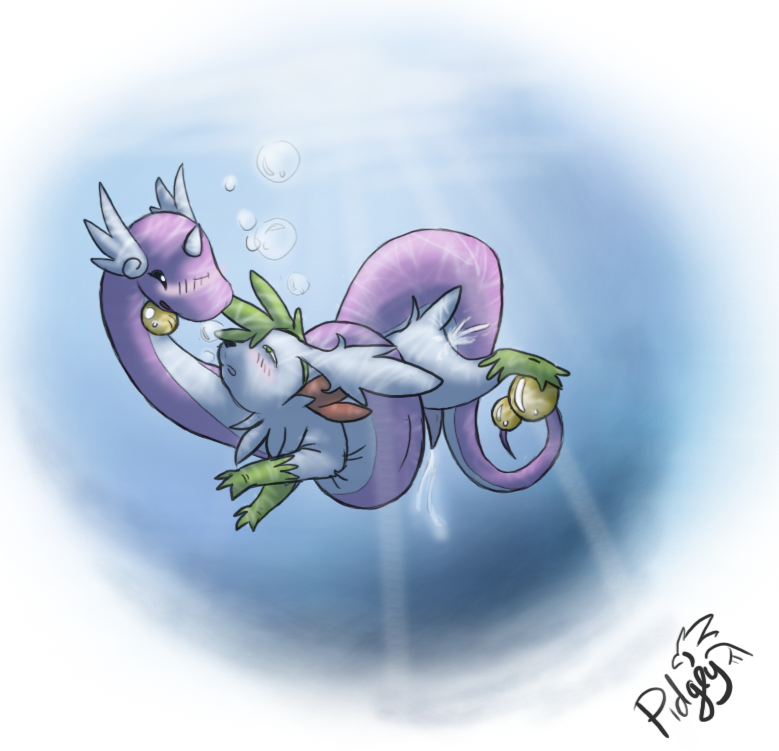 alternate_color ambiguous_gender asphyxiation blush bubbles constriction dragonair drowning holding horn open_mouth pidgey_(artist) pokémon_(species) pokemon pokemon_(species) pokemon_dppt purple_skin shaymin shaymin_(sky_form) shiny_pokemon size_difference tail tail_wrap text underwater water wings