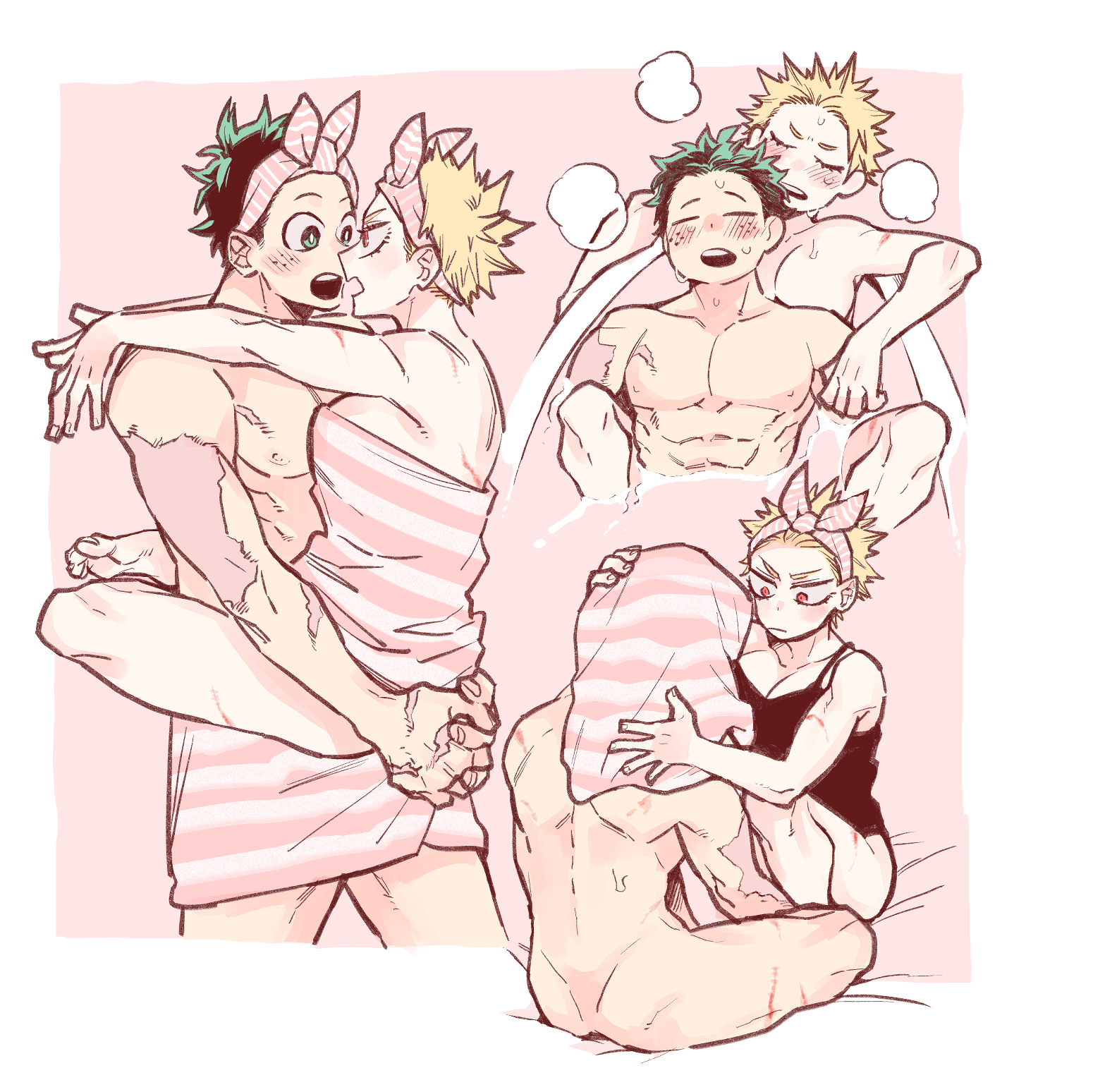 1boy, 1girls, abs, bath, bathing, bathtub, bisco mov, blonde hair, blush, carrying, female, female bakugou, freckles, genderswap, genderswap (mtf), green eyes, green hair, hair ribbon, hairband, izuku midoriya, katsuki bakugou, legs around waist, male, my hero academia, red eyes, rule 63, scar, towel, towel on head, wholesome