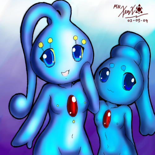 2009 anthro blue_eyes blue_skin color female female_only interspecies manaphy mn_xenx multiple_females multiple_girls nude phione pokemon tagme