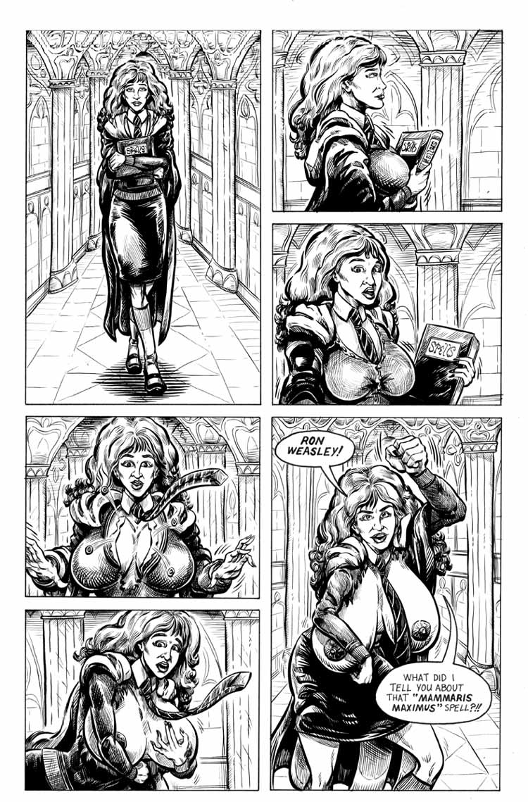 1girls angry artist_request bimbo bimbofication book breast_expansion breast_growth breasts breasts_bigger_than_head comic dialogue english_text female female_only gryffindor gryffindor_tie harry_potter hermione_granger huge_breasts large_breasts monochrome necktie nipples solo solo_female speech_bubble text witch_(harry_potter)