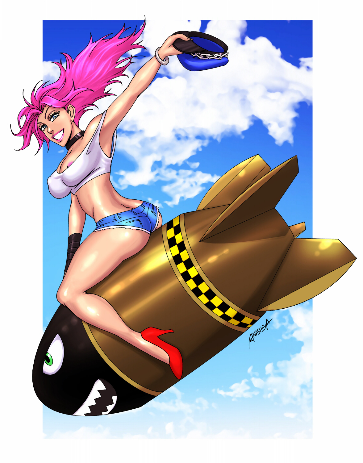 1girls, 2d, anasheya, areola slip, ass, ass cleavage, ass crack, blue eyes, bomb, bracelet, butt crack, cap, capcom, choker, cleavage, female, fighting game, final fight, high heels, lipstick, long hair, peaked cap, pink hair, poison (final fight), shorts, sitting, smile, street fighter, tank top, video game character, video game franchise