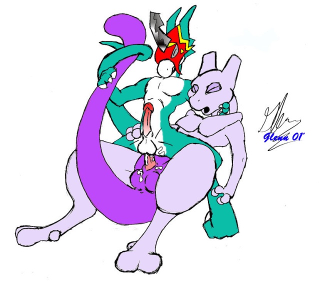 2001 anthro crossover digimon flamedramon gay glenn interspecies male male_only mewtwo penis pokemon pokemon_(species) sex tagme