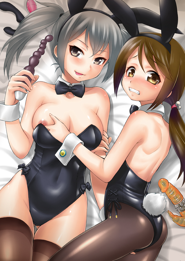 2girls :p anal_beads animal_ears bare_shoulders black_leotard black_neckwear bow bowtie breasts brown_hair brown_legwear bunny_ears bunny_tail clothing copyright_request covered_navel cowboy_shot detached_collar dildo ebifly egg_vibrator grey_hair hair_tie hairband holding large_breasts leotard long_hair looking_at_viewer lying multiple_girls nipples on_back on_side pantyhose playboy_bunny_leotard sex_toy smile tail thighhighs tongue tongue_out twintails vibrator wide-eyed wrist_cuffs