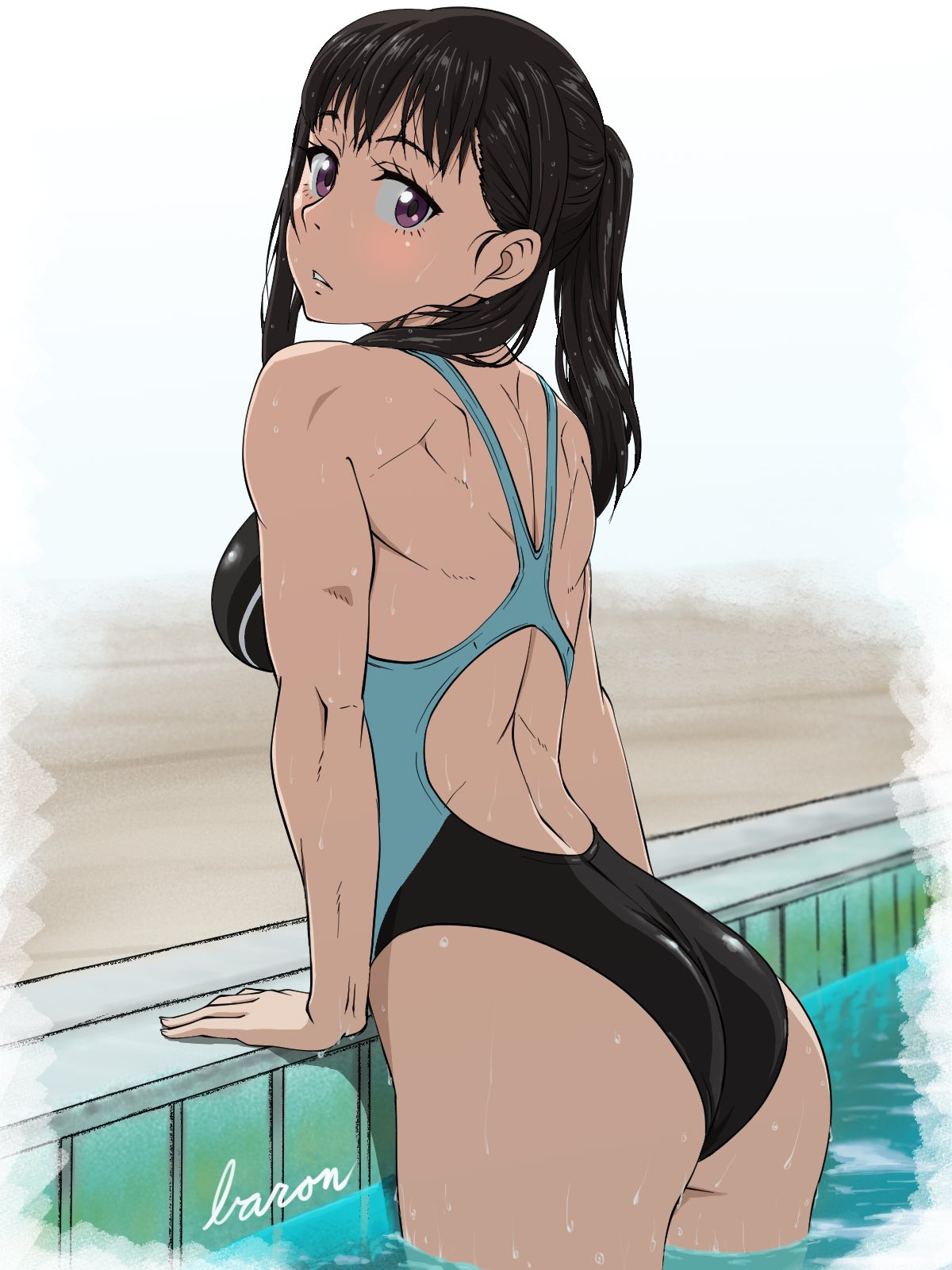 1girls artist_name artist_signature ass bare_shoulders baron_(artist) big_breasts black_hair blush cowboy_shot enen_no_shouboutai female female_focus female_only fire_force from_behind long_hair looking_at_viewer looking_back looking_over_shoulder one-piece_swimsuit oze_maki ponytail purple_eyes solo solo_female solo_focus swimsuit toned toned_back toned_female water wet wet_hair