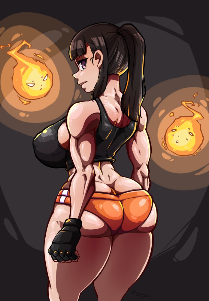 anguriask, ass, ass cleavage, ass crack, athletic, athletic female, breasts, brown hair, butt crack, curvy, enen no shouboutai, female, fire force, from behind, huge ass, large breasts, long hair, looking at viewer, muscular, muscular female, oze maki, ponytail, sideboob, sweat, sweatdrop, thick thighs, tight clothes